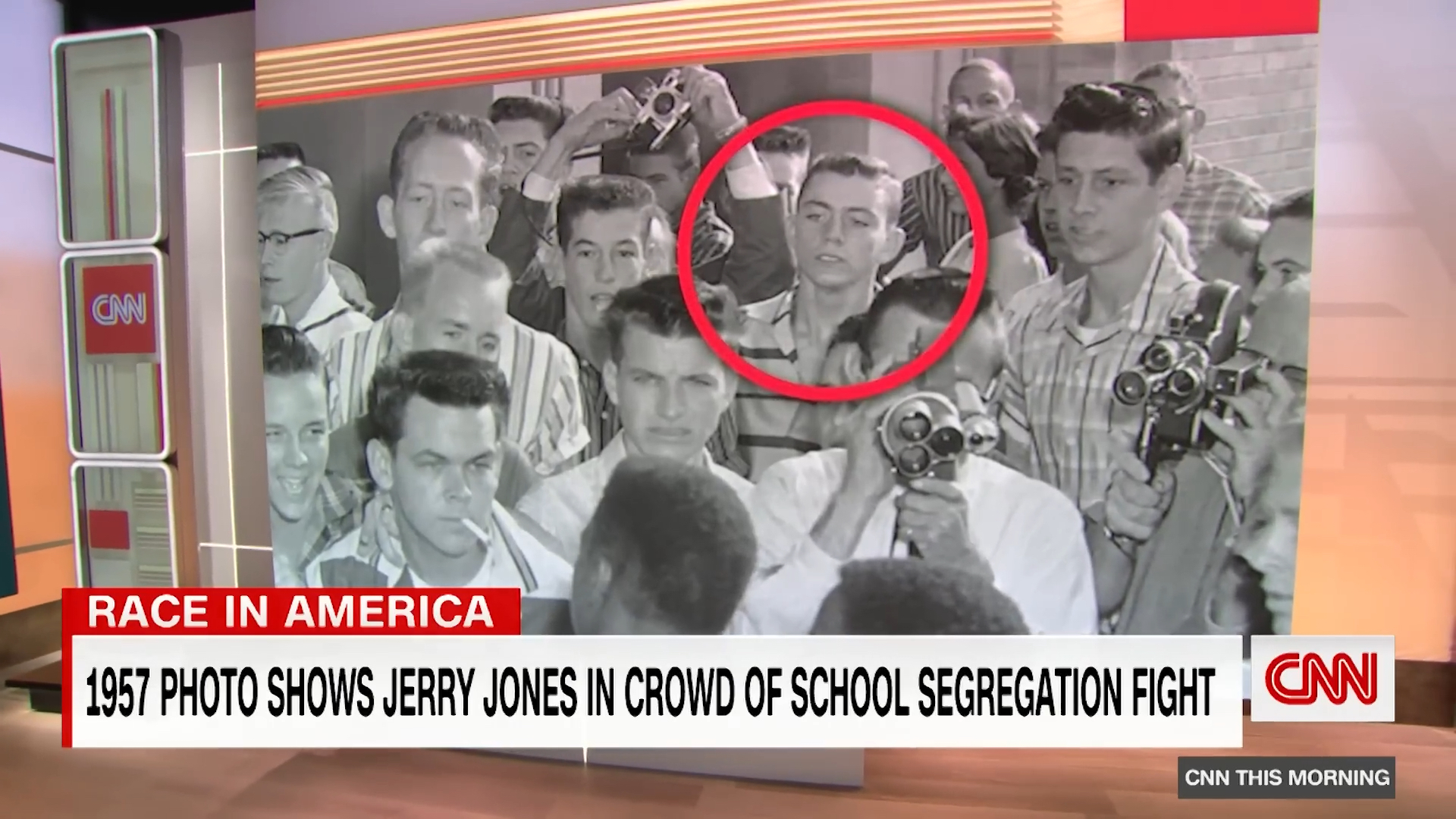 Jerry Jones standing outside of an Arkansas school with anti-segregationists in 1957