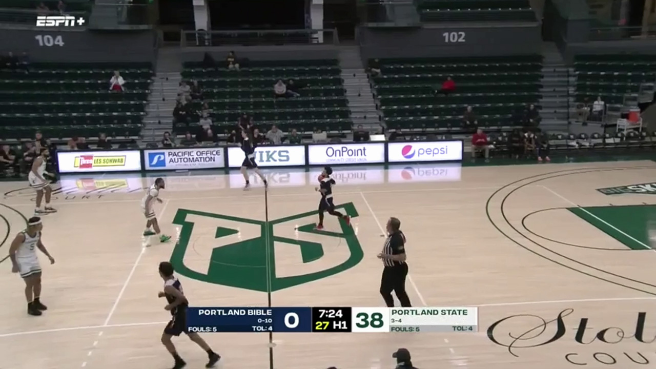 Basketball court. TV screenshot. One team (Portland State) is up 38-0 on Portland Bible College. It's center court, a Bible player bringing it up the court.
