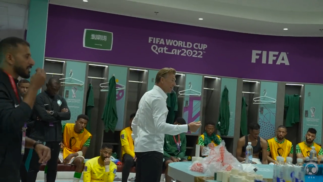 Saudi coaches Herve Renard and Mohammed Ameen give a motivational halftime speech during the team's game against Argentina.