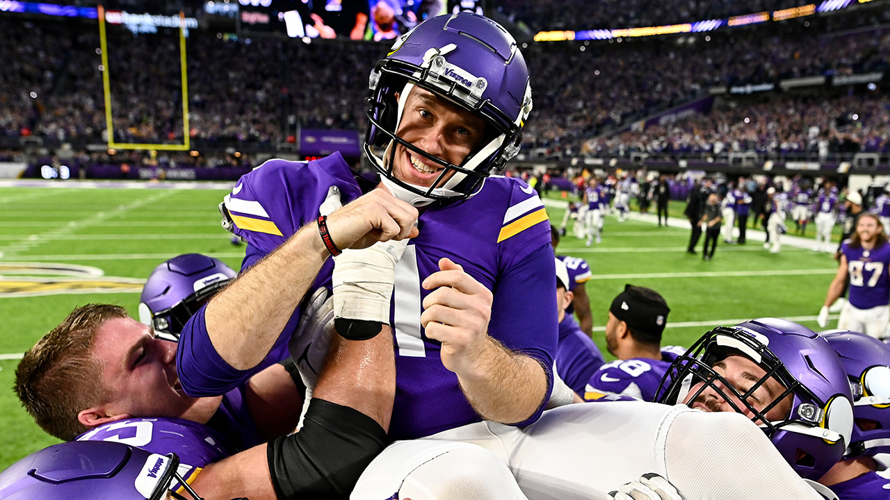 Greg Joseph #1 of the Minnesota Vikings celebrates with teammates after hitting the game winning field goal in overtime against the Indianapolis Colts at U.S. Bank Stadium on December 17, 2022 in Minneapolis, Minnesota.