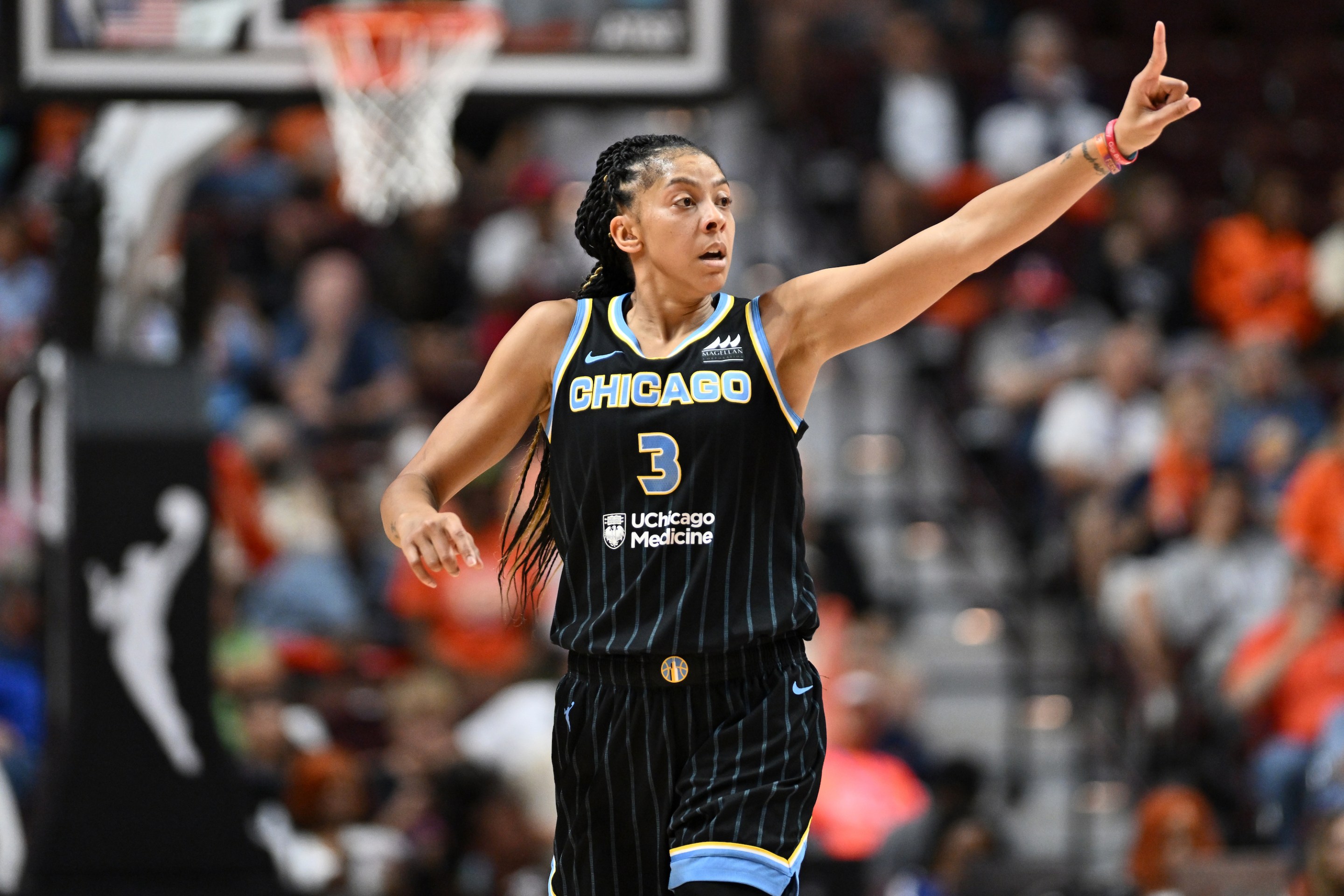 UNCASVILLE, CT - SEPTEMBER 6: Candace Parker #3 of the Chicago Sky looks on during the game against the Connecticut Sun during Round 2 Game 4 of the 2022 WNBA Playoffs on September 6, 2022 at Mohegan Sun Arena in Uncasville, Connecticut.