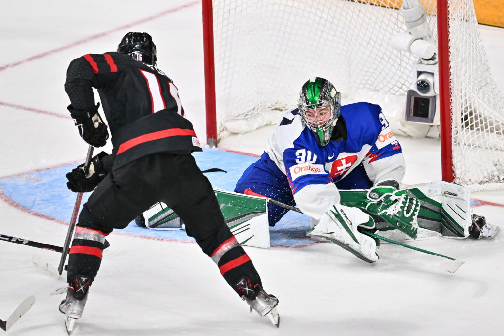 Connor Bedard skates toward the net with the puck