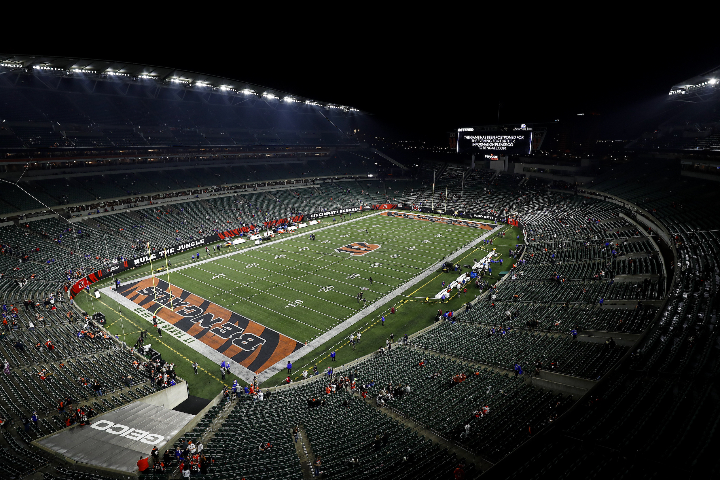 CINCINNATI, OH - JANUARY 2: A Paycor Stadium video board reads that the game between the Buffalo Bills and the Cincinnati Bengals is suspended due to an injury sustained by Bills safety Damar Hamlin #3 during the first quarter of an NFL football game on January 2, 2023 in Cincinnati, Ohio. (Photo by Kevin Sabitus/Getty Images)