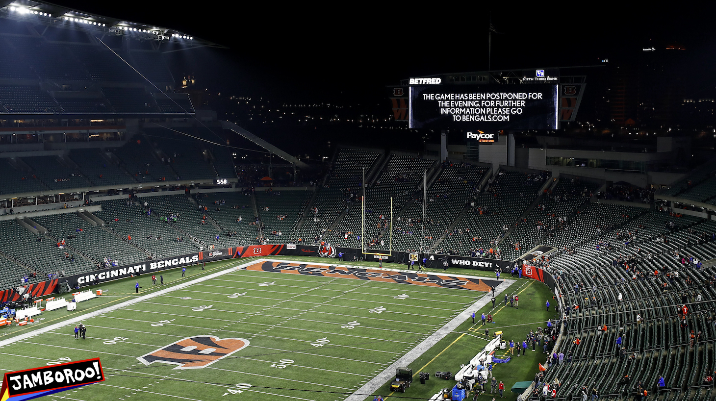CINCINNATI, OH - JANUARY 2: A Paycor Stadium video board reads that the game between the Buffalo Bills and the Cincinnati Bengals is suspended due to an injury sustained by Bills safety Damar Hamlin #3 during the first quarter of an NFL football game on January 2, 2023 in Cincinnati, Ohio. (Photo by Kevin Sabitus/Getty Images)