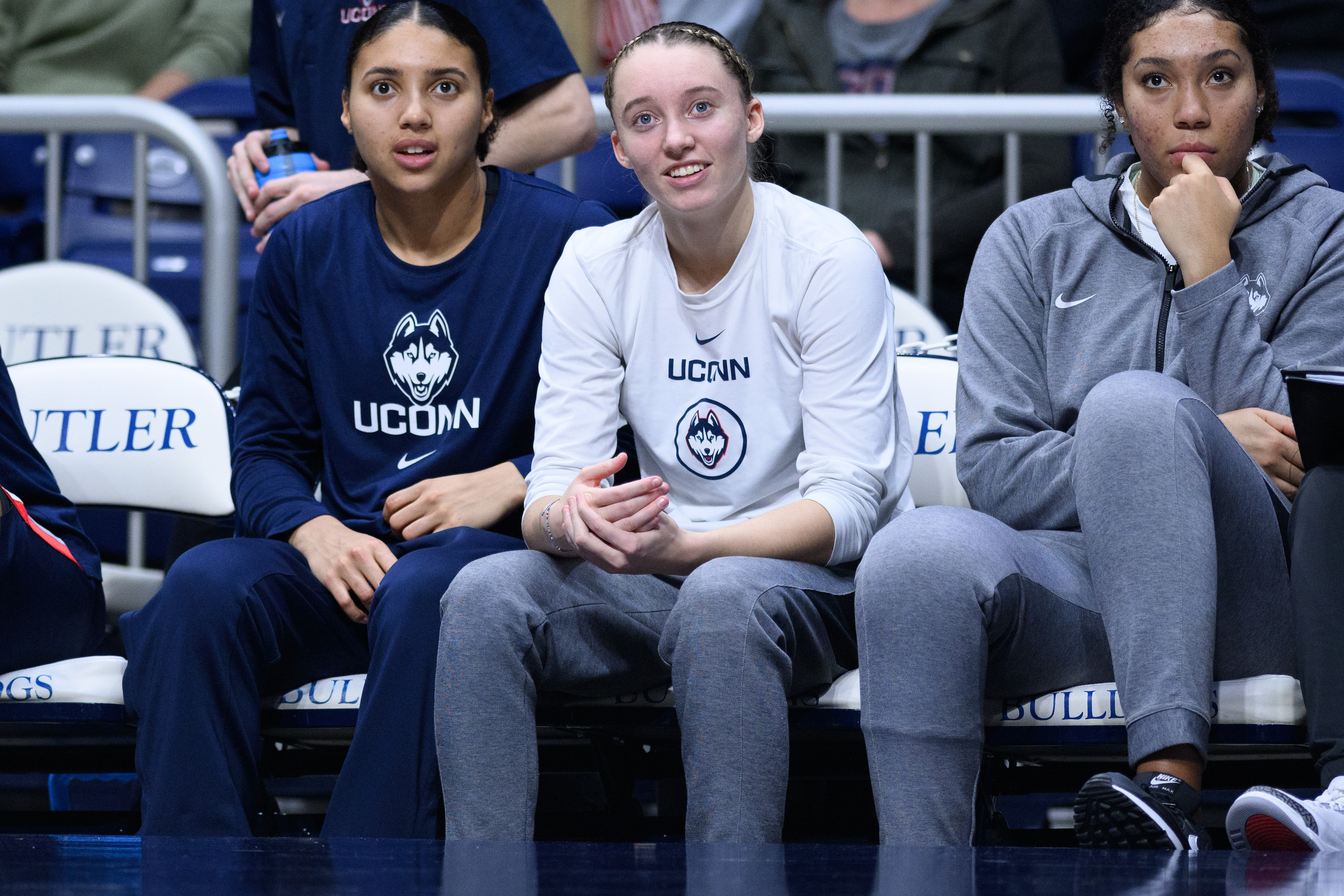 UConn Huskies guard Paige Bueckers (5) on the sidelines during the women's college basketball game between the Butler Bulldogs and UConn Huskies on January 3, 2023, at Hinkle Fieldhouse in Indianapolis, IN.