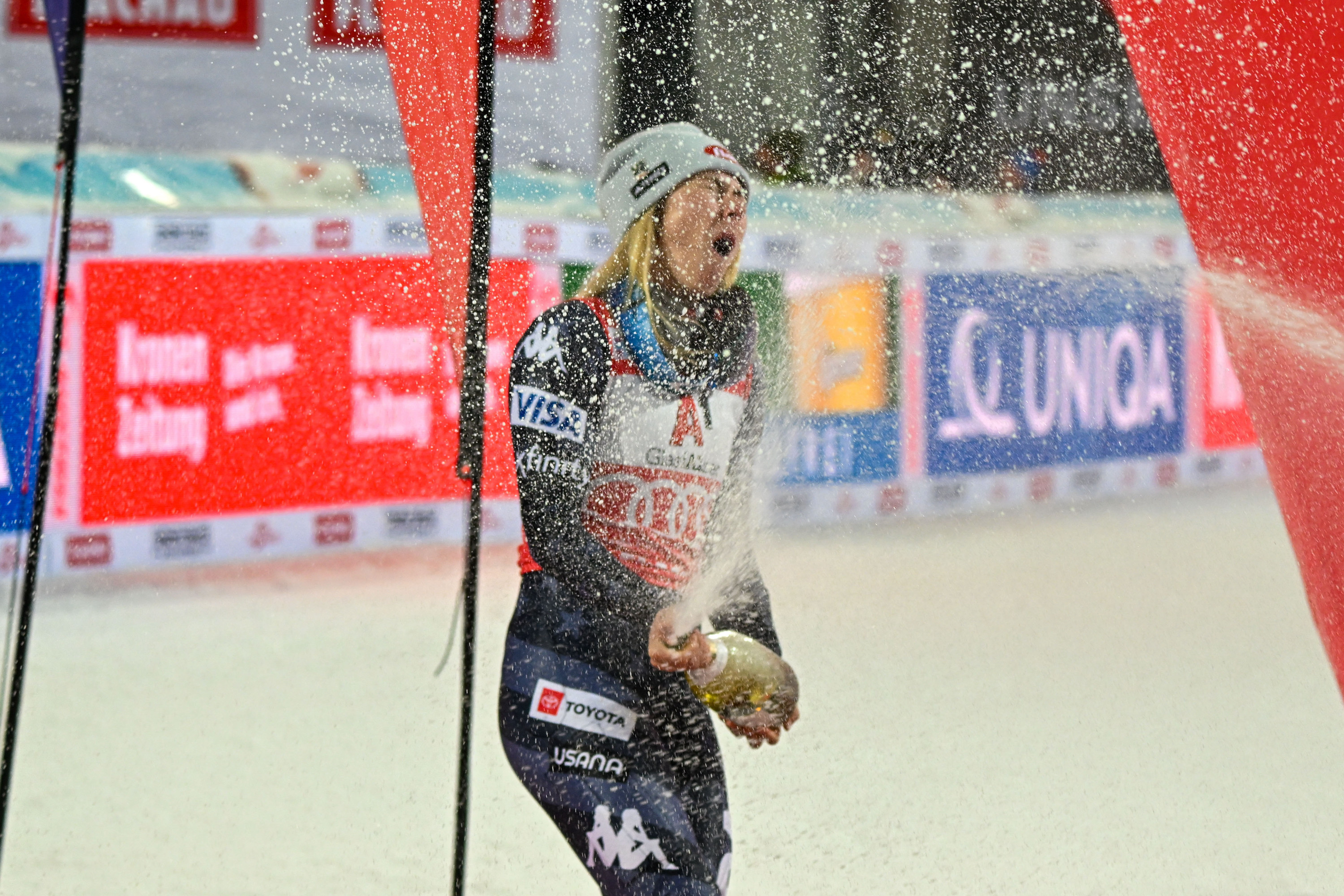 Mikaela Shiffrin of United States of America during the flower ceremony of Audi FIS Alpine Ski World Cup Womens Slalom race on January 10, 2023 in Flachau, Austria. (Photo by Hans Peter Lottermoser/SEPA.Media /Getty Images)
