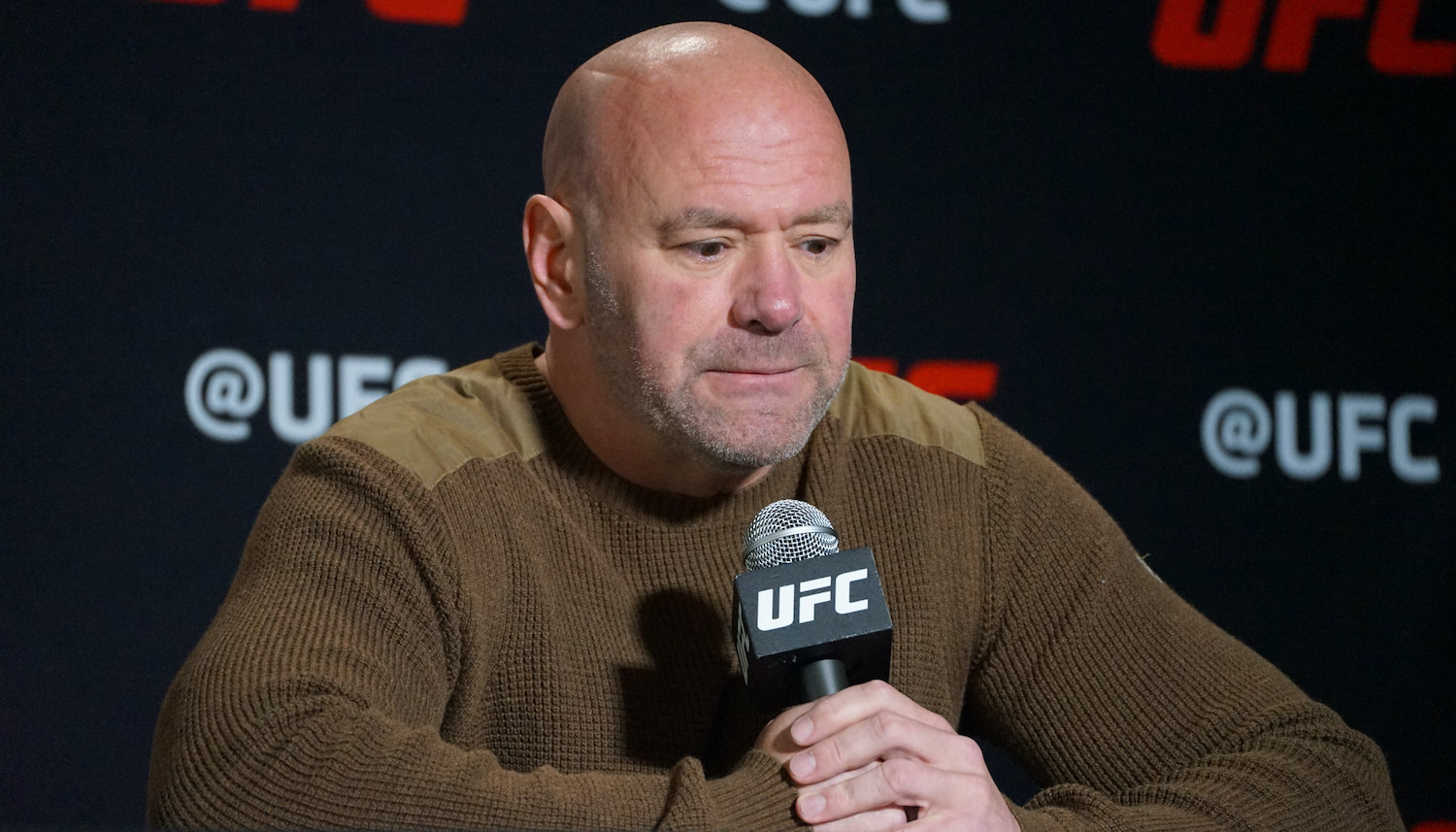 Dana White speaks to the media at the UFC Vegas 67 media day for the first time since he was caught slapping is wife on New Years Eve. January 11, 2023, at the UFC APEX in Las Vegas, NV. (Photo by Amy Kaplan/Icon Sportswire via Getty Images)