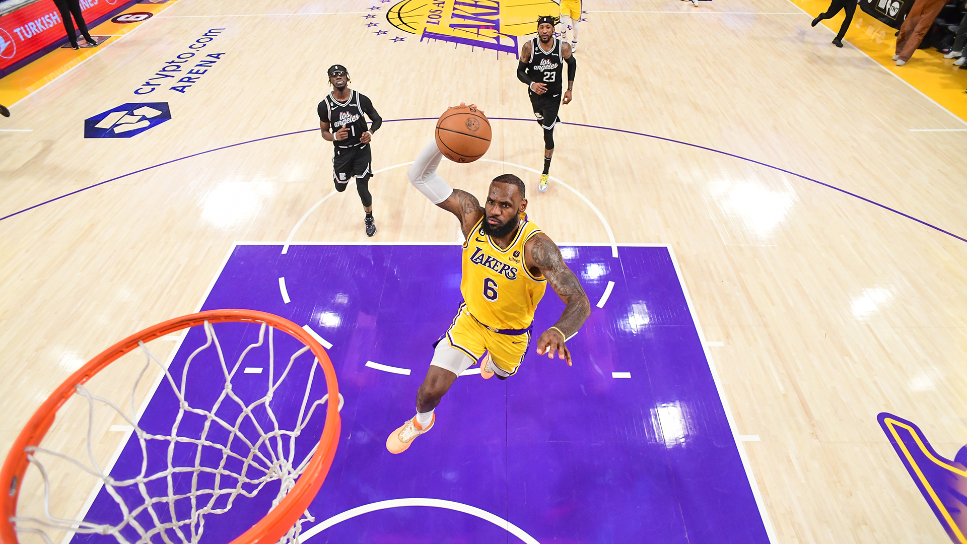 LeBron James #6 of the Los Angeles Lakers drives to the basket during the game against the LA Clippers on January 24, 2023 at Crypto.Com Arena in Los Angeles, California.
