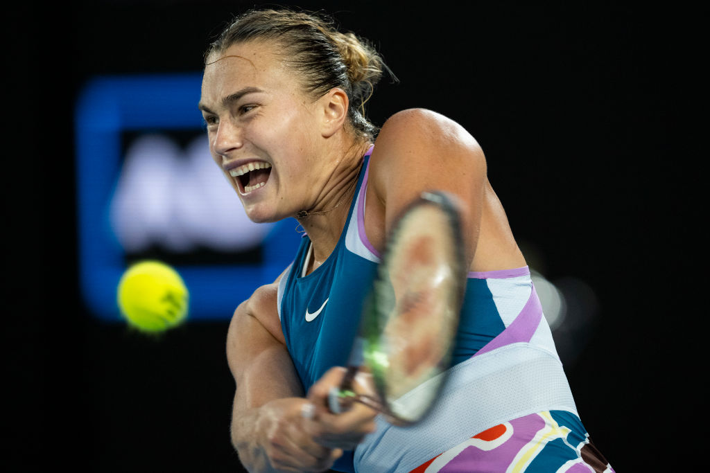 Aryna Sabalenka hits a backhand during her win in the women's final of the 2023 Australian Open.