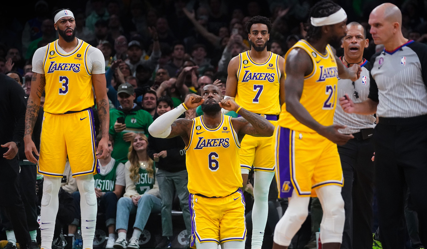 Boston, MA - January 28: Los Angeles Lakers SF LeBron James falls to his knees in frustration after the final play of regulation. The Lakers lost to the Boston Celtics, 125-121, in overtime. (Photo by Barry Chin/The Boston Globe via Getty Images)
