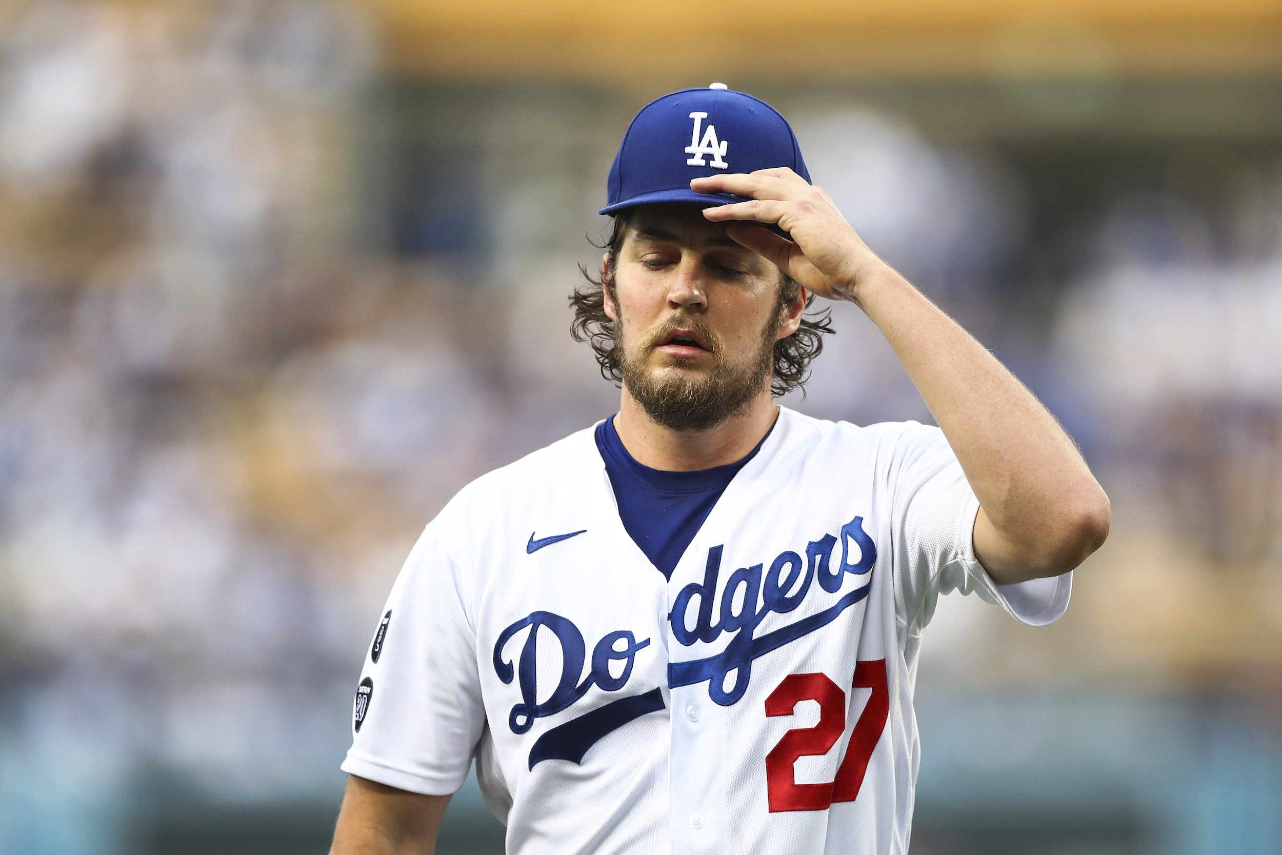 Trevor Bauer in a Dodgers uniform.