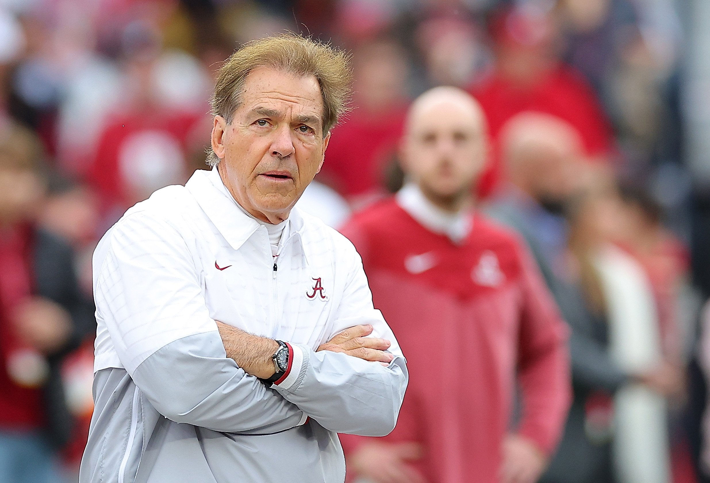 TUSCALOOSA, ALABAMA - NOVEMBER 26: ead coach Nick Saban of the Alabama Crimson Tide looks on during pregame warmups prior to facing the Auburn Tigers at Bryant-Denny Stadium on November 26, 2022 in Tuscaloosa, Alabama. (Photo by Kevin C. Cox/Getty Images)