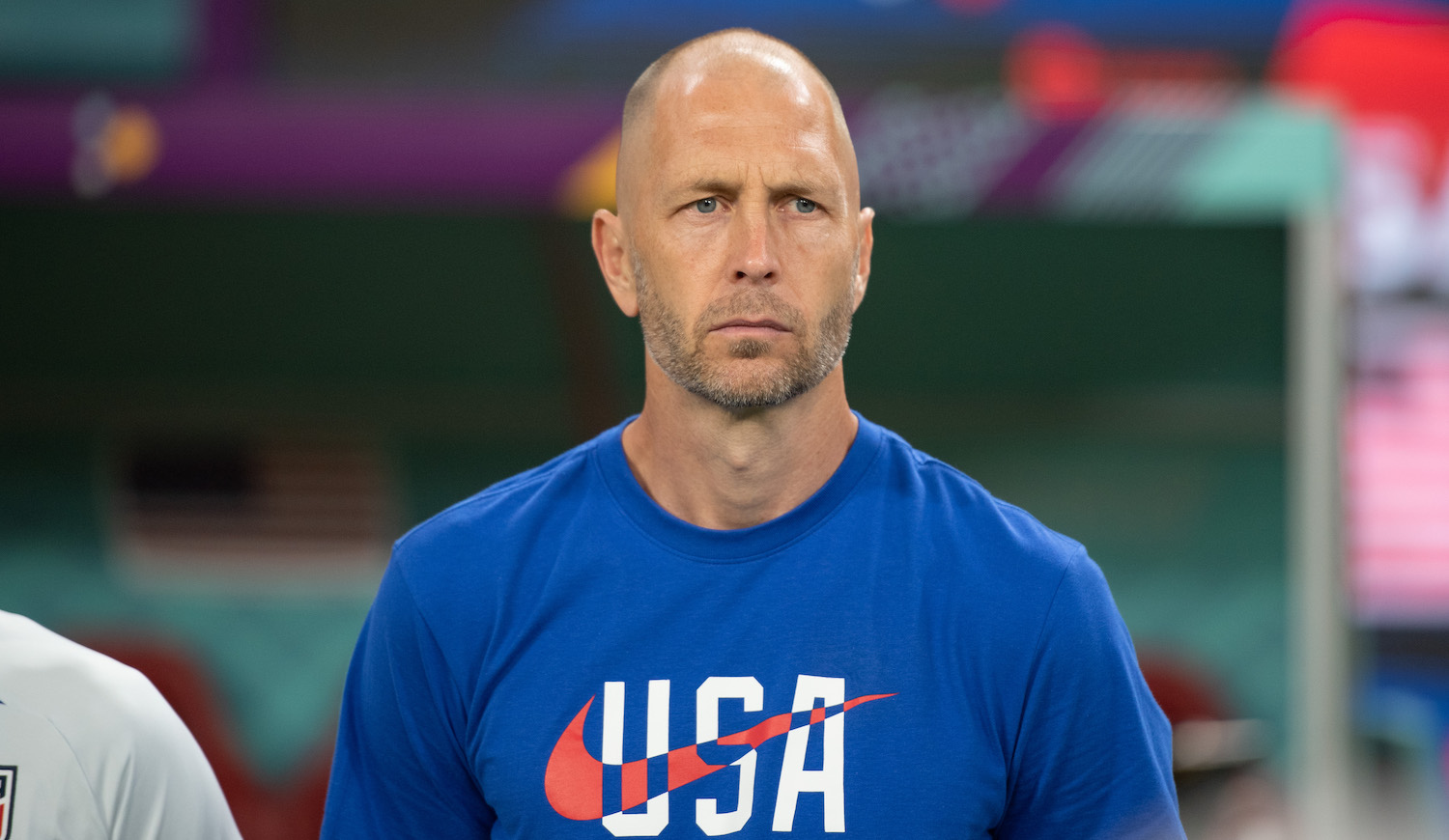 DOHA, QATAR - DECEMBER 3: Greg Berhalter of the United States lines up for the national anthem before a FIFA World Cup Qatar 2022 Round of 16 match between Netherlands and USMNT at Khalifa International Stadium on December 3, 2022 in Doha, Qatar. (Photo by Stephen Nadler/ISI Photos/Getty Images)