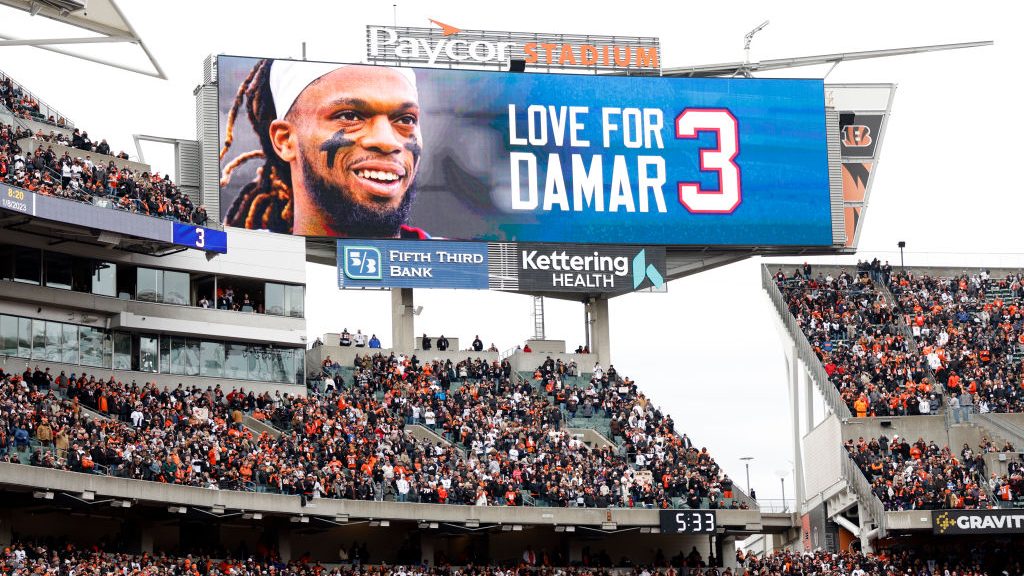 A tribute in support of Damar Hamlin #3 of the Buffalo Bills on display during the first quarter between the Baltimore Ravens and Cincinnati Bengals at Paycor Stadium on January 08, 2023 in Cincinnati, Ohio.