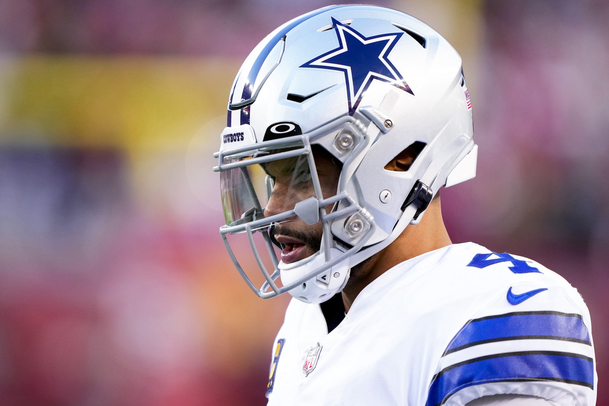 SANTA CLARA, CALIFORNIA - JANUARY 22: Dak Prescott #4 of the Dallas Cowboys looks on against the San Francisco 49ers during the first half in the NFC Divisional Playoff game at Levi's Stadium on January 22, 2023 in Santa Clara, California. (Photo by Thearon W. Henderson/Getty Images)