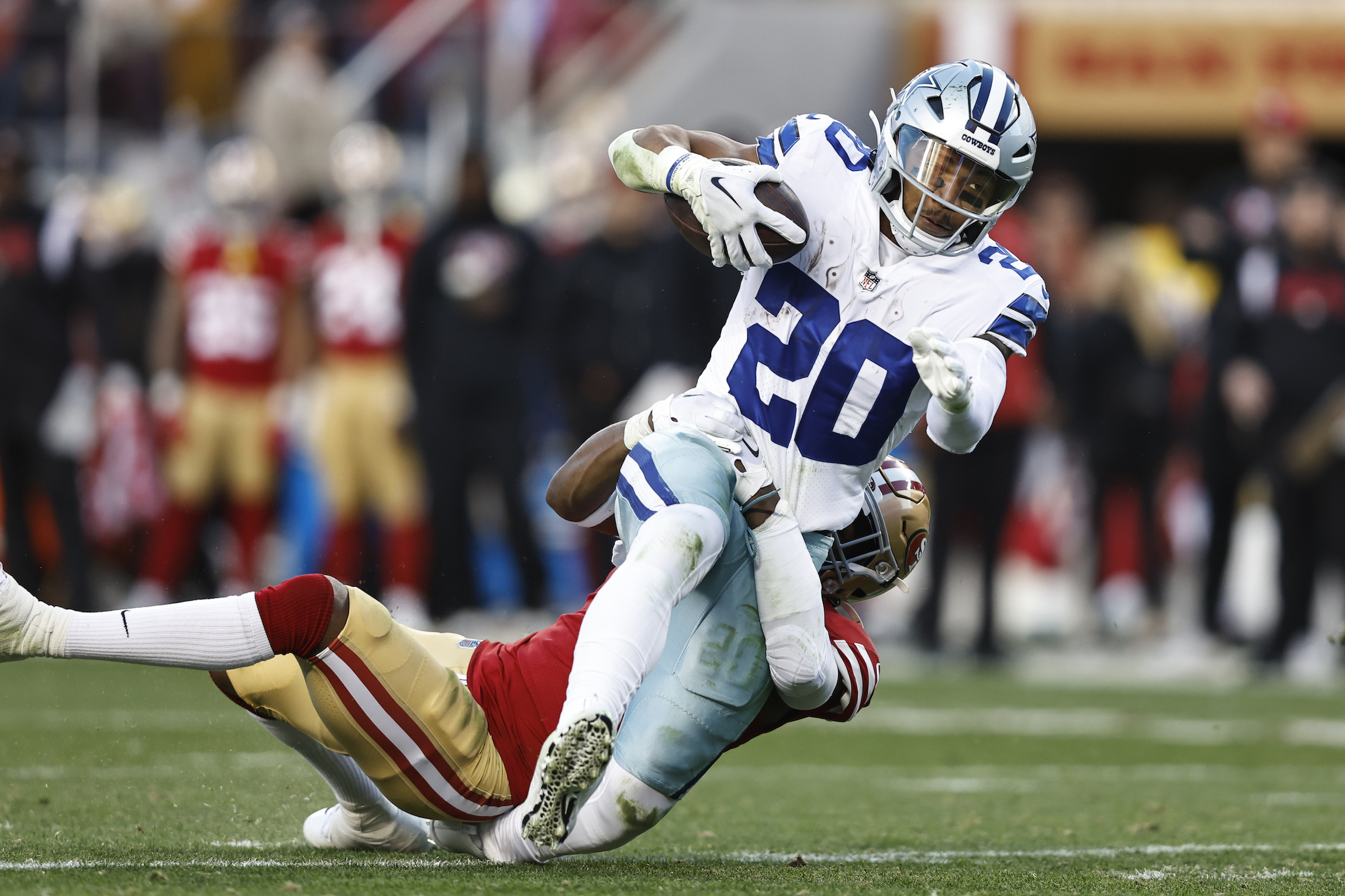 xx during an NFL divisional round playoff football game between the San Francisco 49ers and the Dallas Cowboys in Santa Clara, Calif., Sunday, Jan. 22, 2023. (Michael Owens via AP)