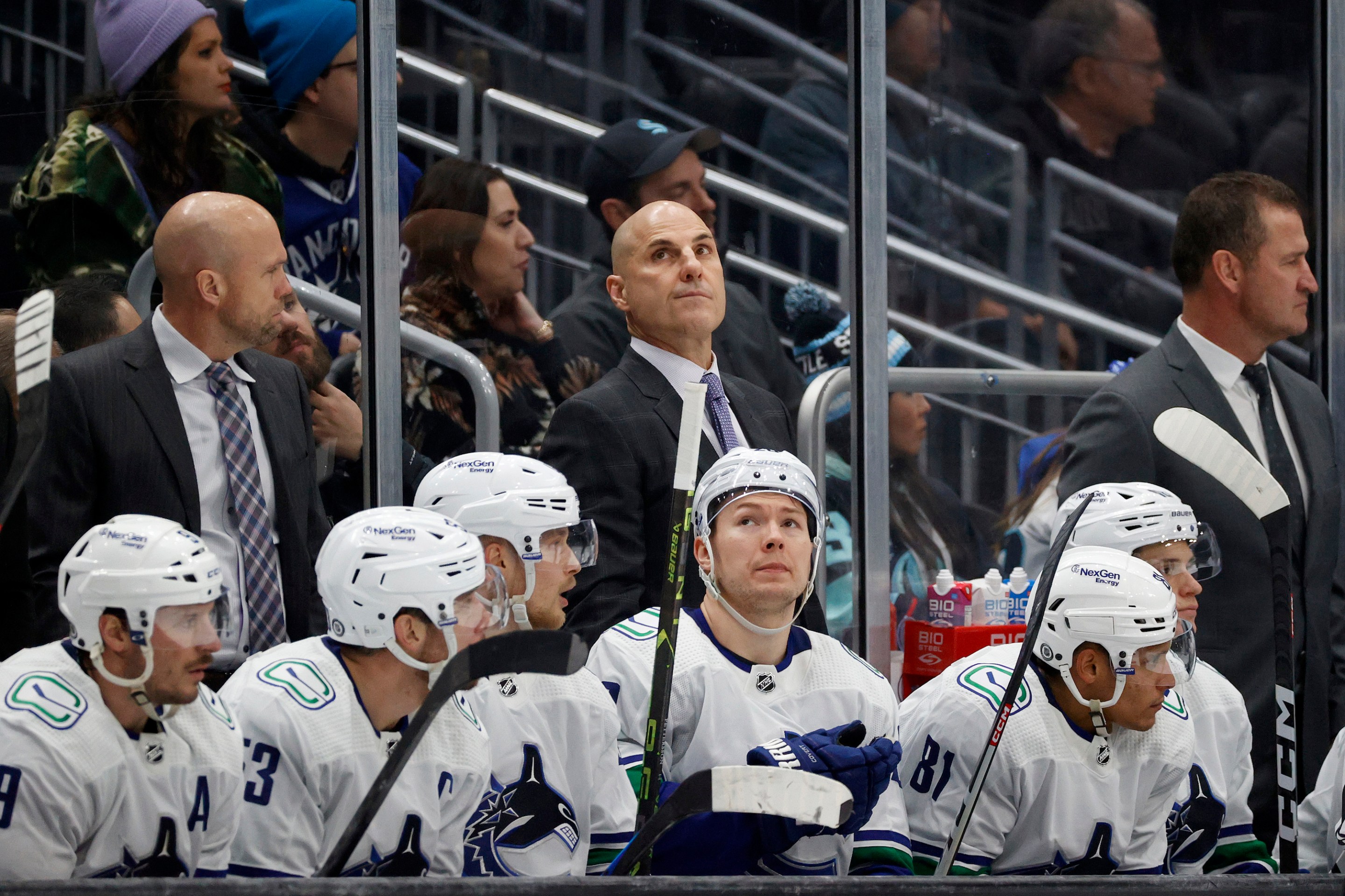 SEATTLE, WASHINGTON - JANUARY 25: Head coach Rick Tocchet of the Vancouver Canucks looks on during the third period against the Seattle Kraken at Climate Pledge Arena on January 25, 2023 in Seattle, Washington.