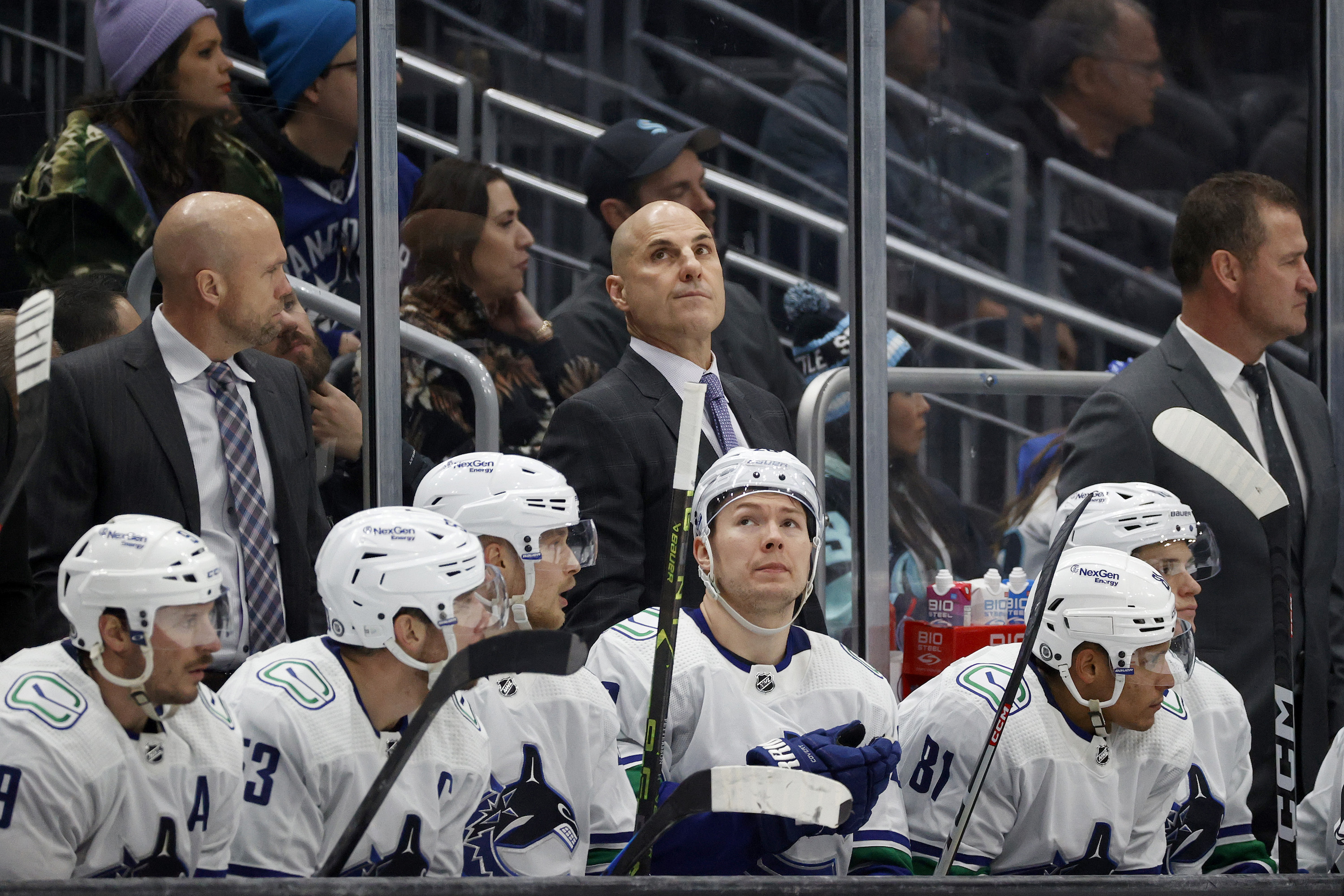 SEATTLE, WASHINGTON - JANUARY 25: Head coach Rick Tocchet of the Vancouver Canucks looks on during the third period against the Seattle Kraken at Climate Pledge Arena on January 25, 2023 in Seattle, Washington.