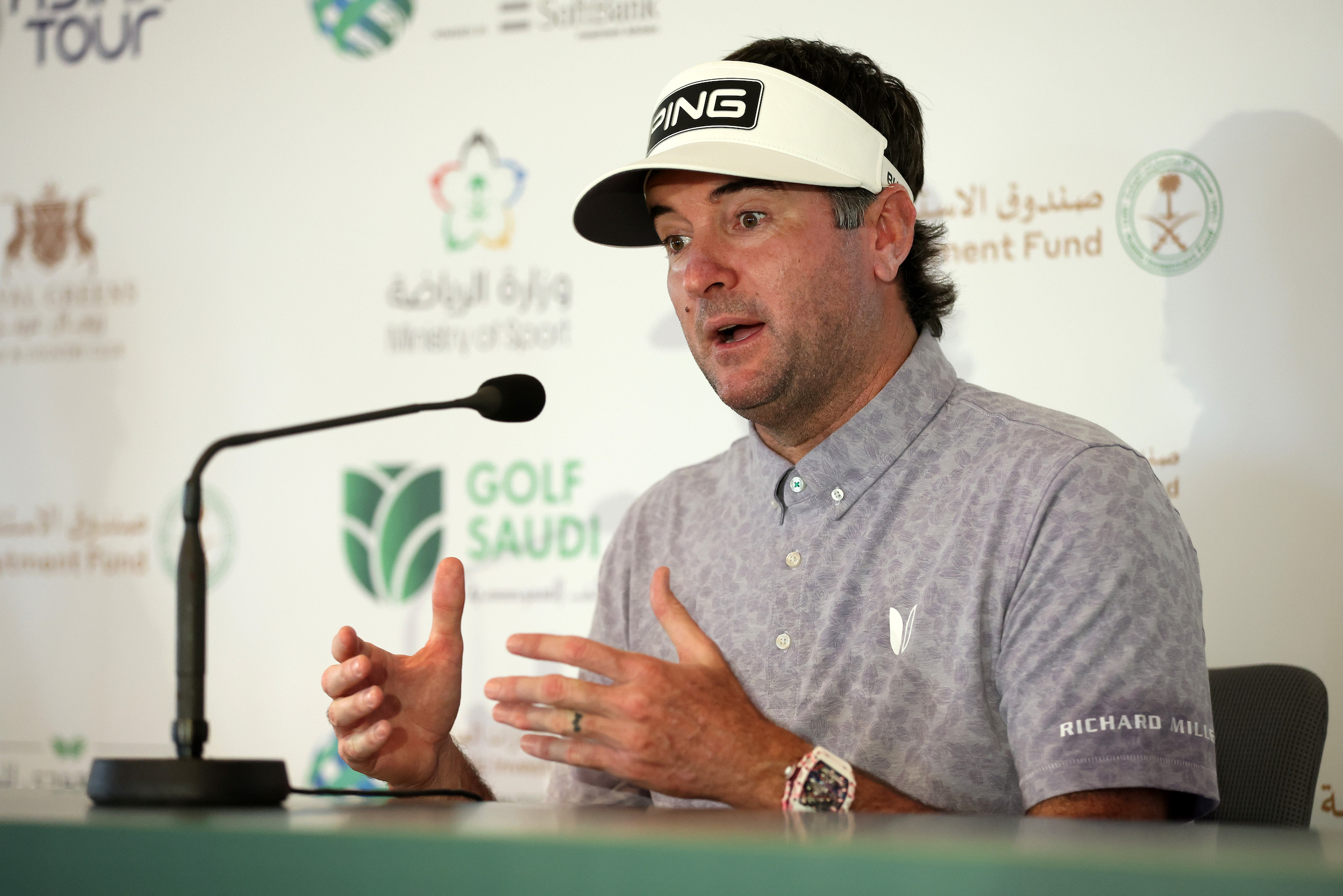 Bubba Watson speaks at a press conference.
