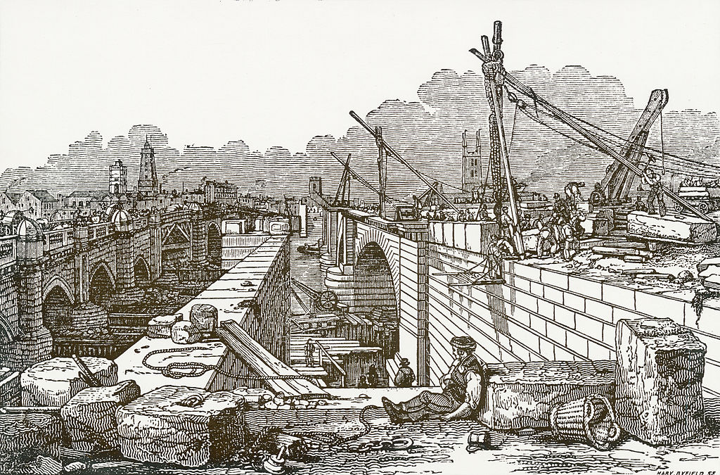 Drawing of the construction of London Bridge