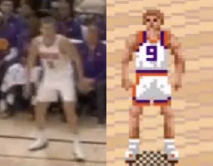 "Jock Landale" next to a video game character from NBA Live 95.