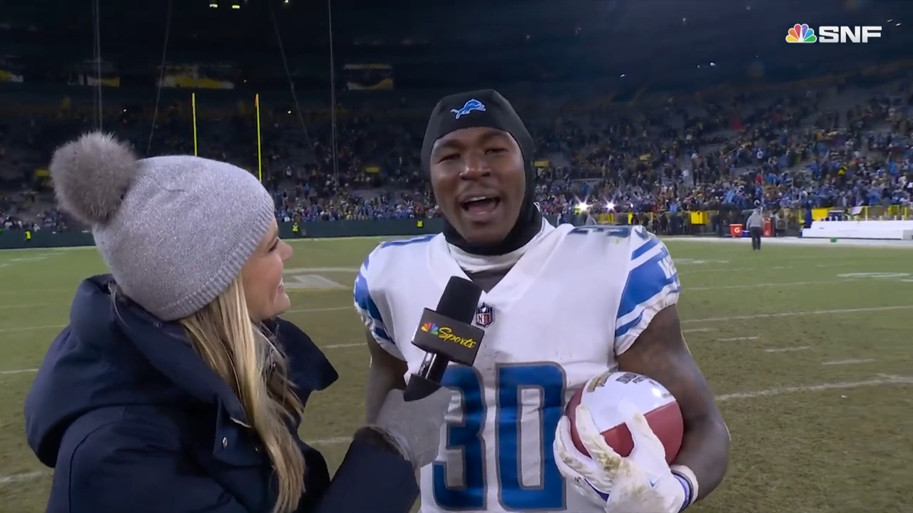 Jamaal Williams does an interview on SNF after the Lions beat the Packers