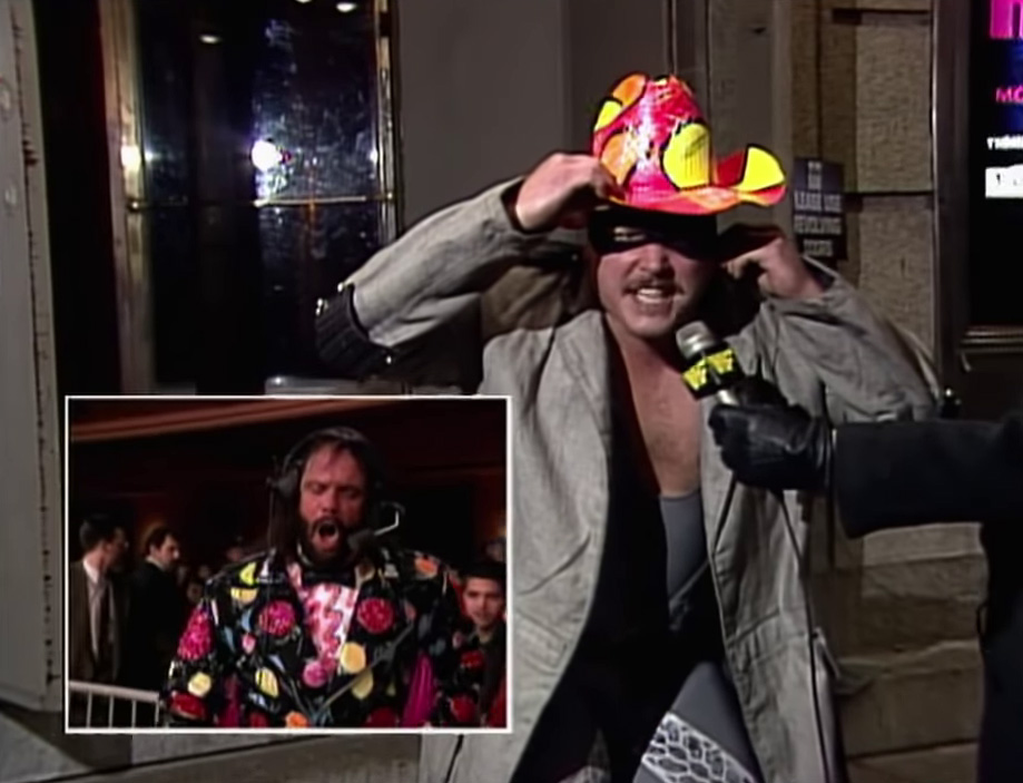 Repo Man is interviewed outside the arena, as an inset shows Macho Man Randy Savage looking angry