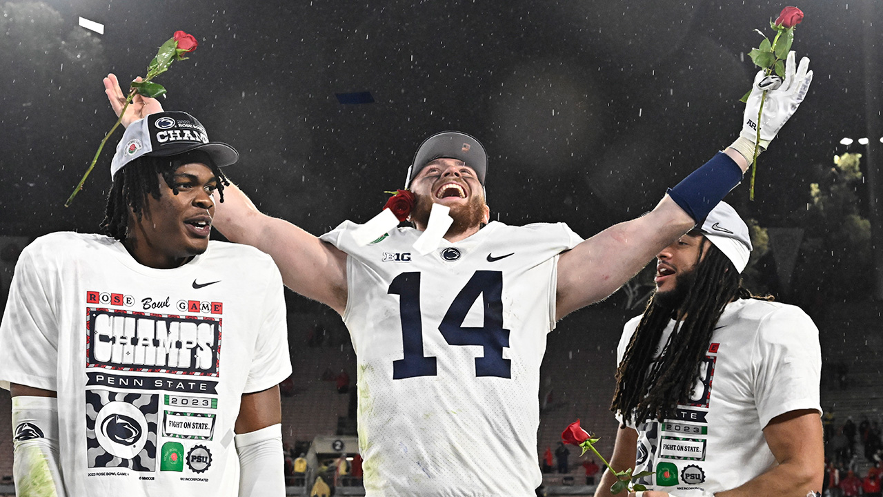 Pasadena, CA - January 02: Quarterback Sean Clifford #14 of the Penn State Nittany Lions after defeating the Utah Utes 35-21 to win the 109th Rose Bowl game in Pasadena on Monday, January 2, 2023.