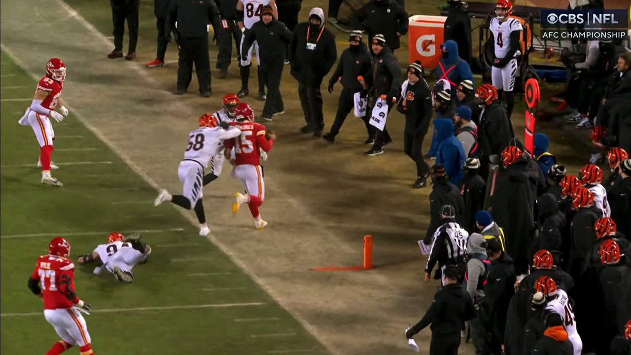 Joseph Ossai hits Patrick Mahomes late in the AFC Championship game