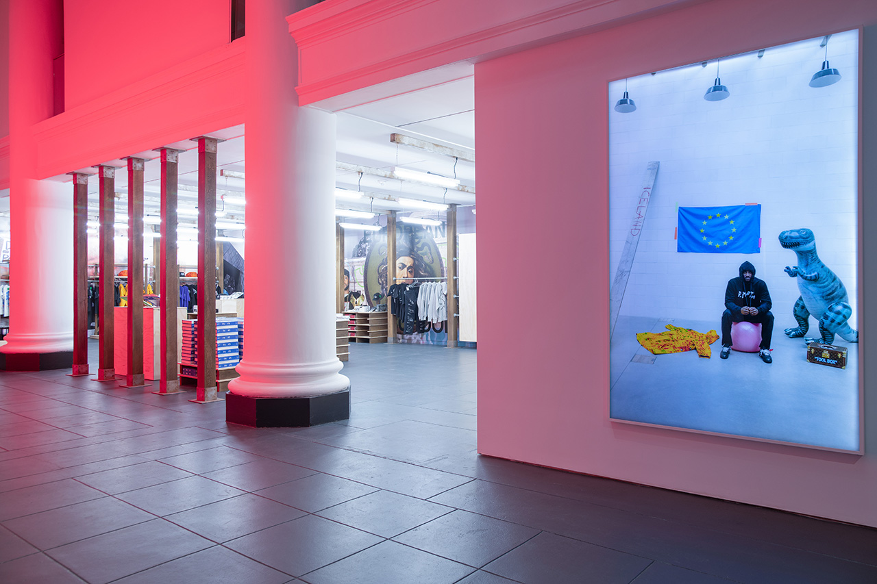 A look at a Virgil Abloh exhibit with the gift shop in the background