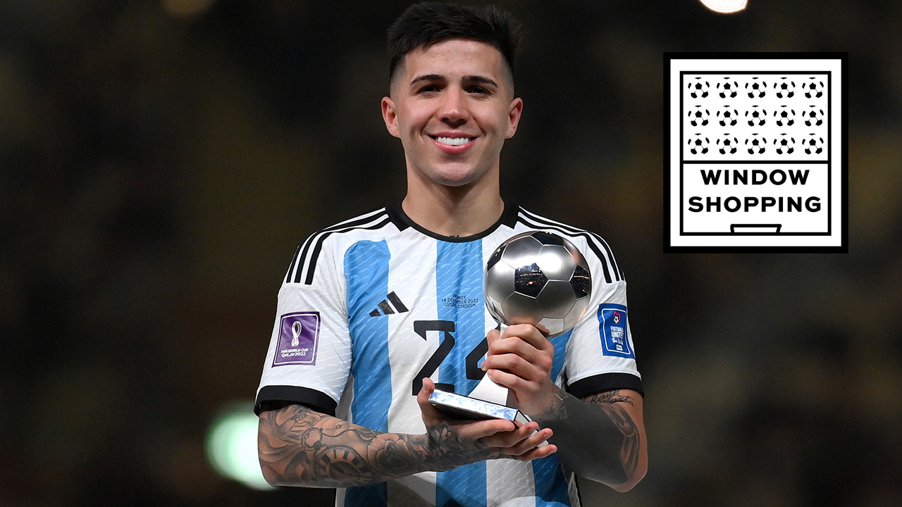 LUSAIL CITY, QATAR - DECEMBER 18: Enzo Fernandez of Argentina poses for a photo with the FIFA Young Player award during the FIFA World Cup Qatar 2022 Final match between Argentina and France at Lusail Stadium on December 18, 2022 in Lusail City, Qatar. With WINDOW SHOPPING graphic.