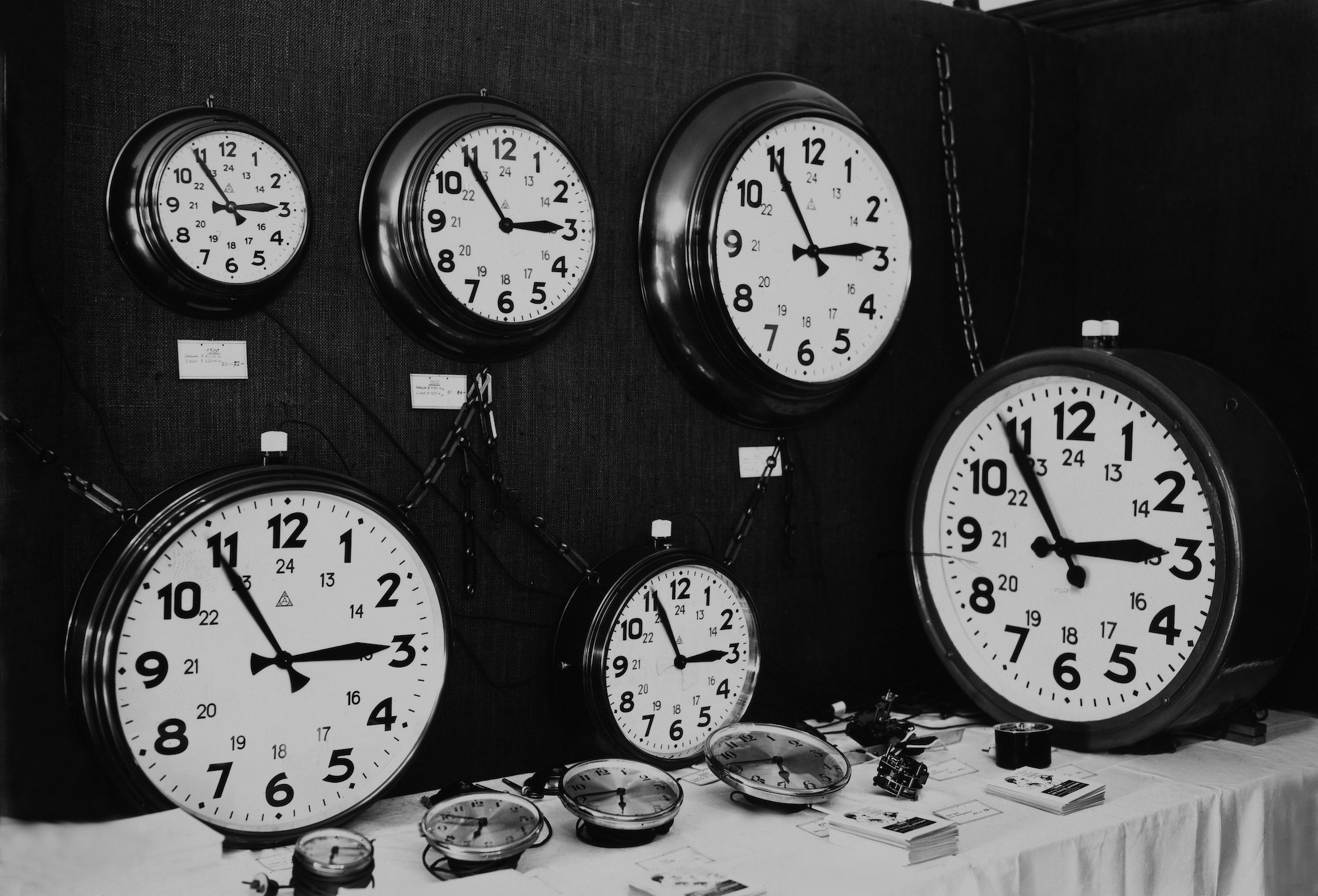 A bunch of clocks on a wall.