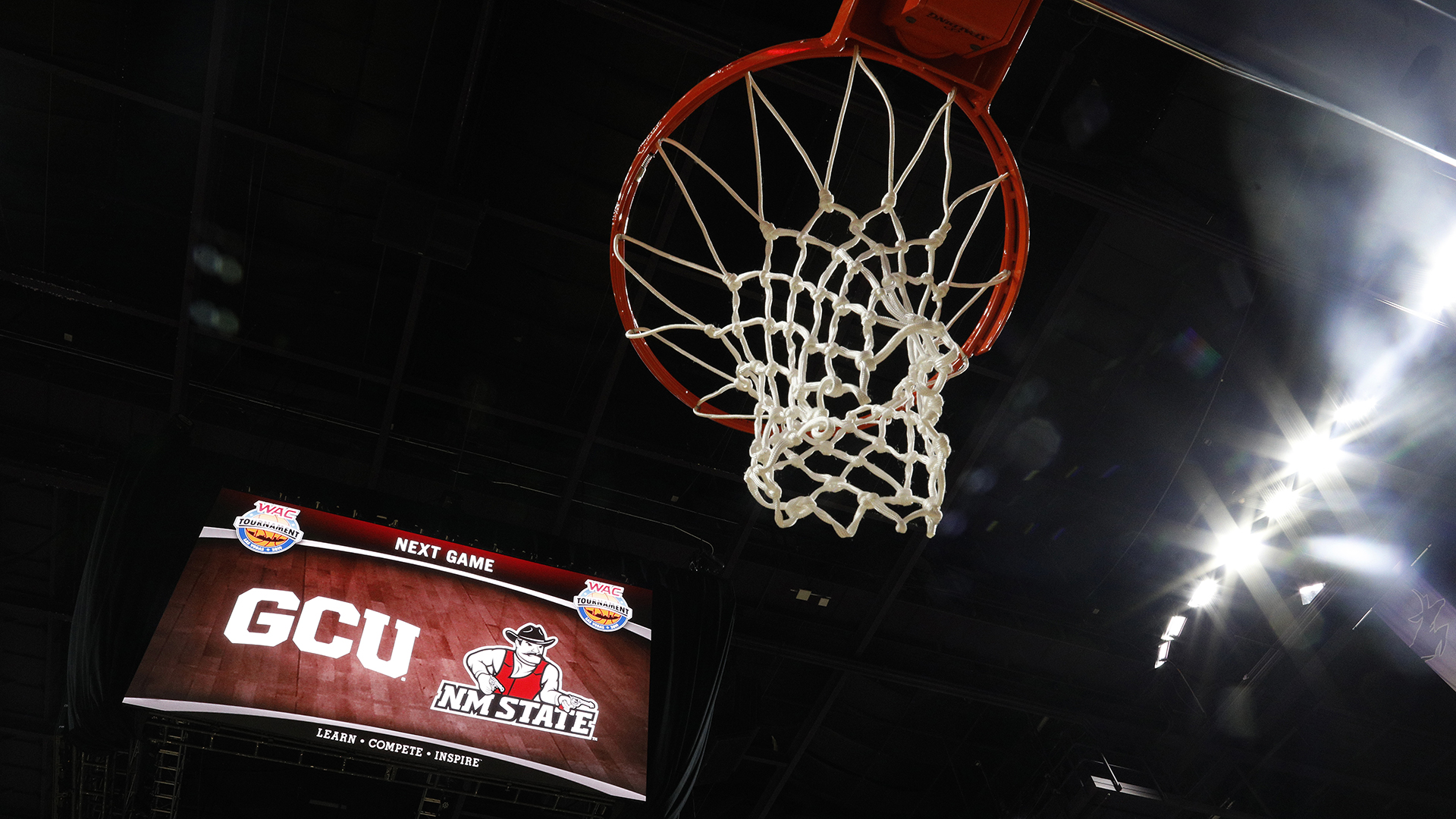 The basketball hoops are shown before the championship game of the Western Athletic Conference basketball tournament between the Grand Canyon Lopes and the New Mexico State Aggies at the Orleans Arena on March 16, 2019 in Las Vegas, Nevada.