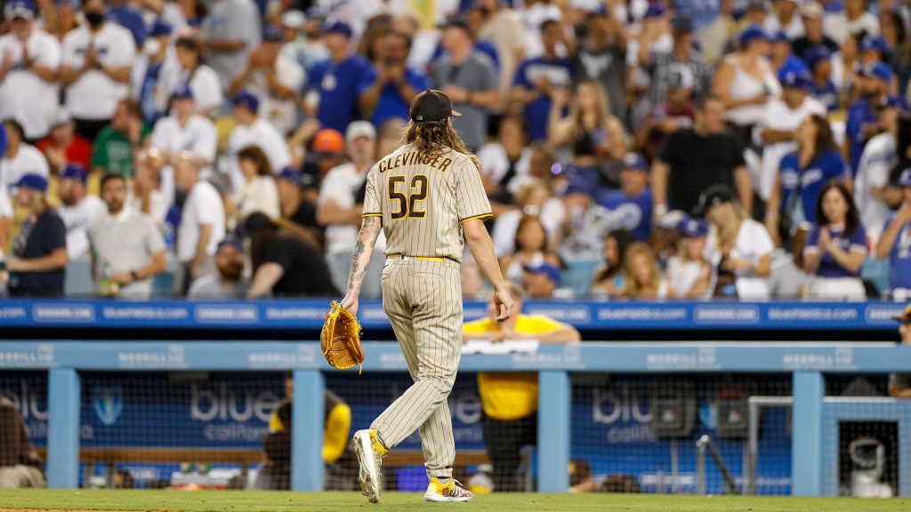 San Diego Padres starting pitcher Mike Clevinger (52) exits the game in the fifth inning during a regular season game between the San Diego Padres and Los Angeles Dodgers on August 06, 2022, at Dodger Stadium in Los Angeles, CA.