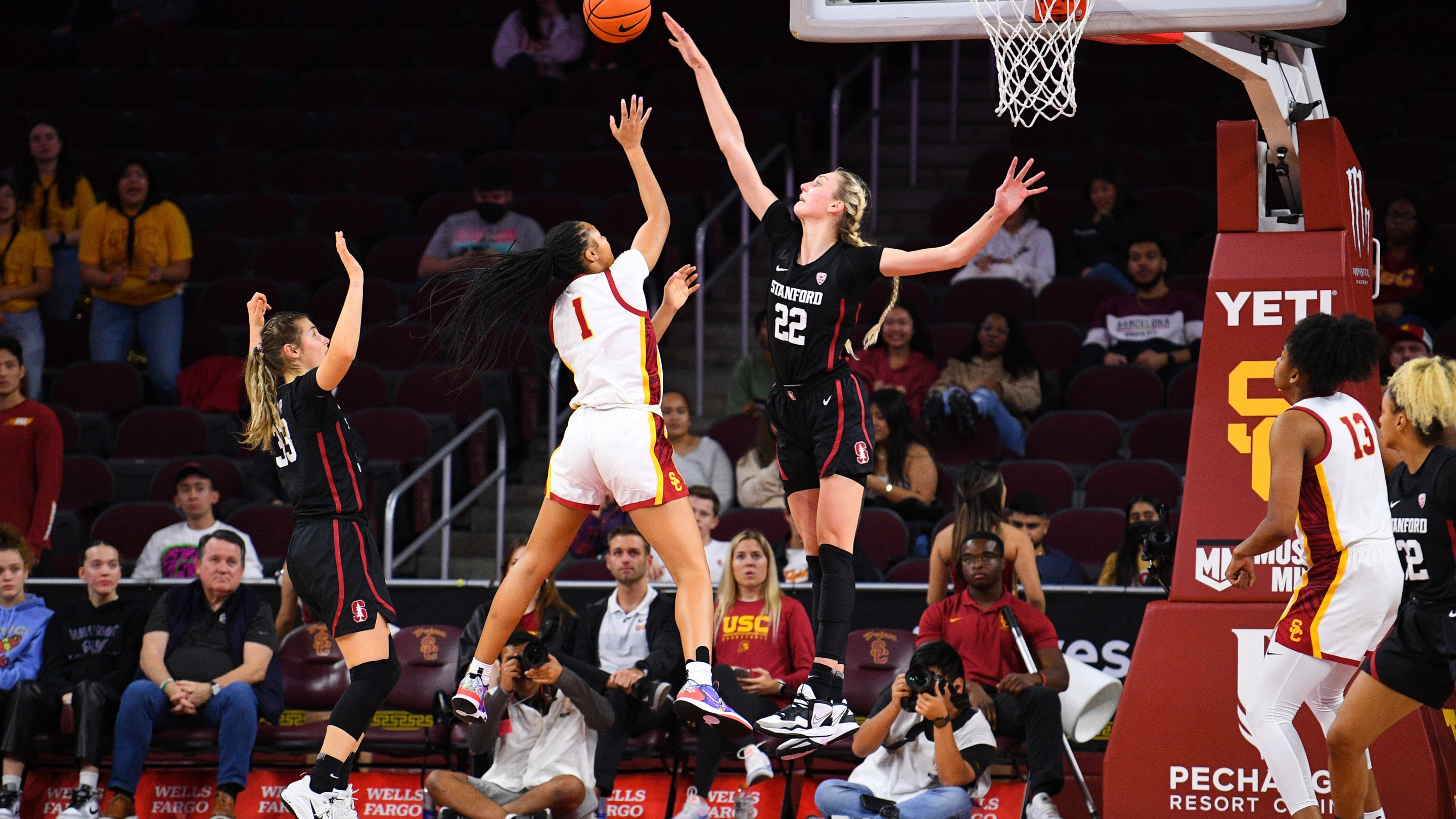 Stanford Cardinal forward Cameron Brink (22) tries to block a shot during the women's college basketball game between the Stanford Cardinal and the USC Trojans on January 15, 2023 at Galen Center in Los Angeles, CA.