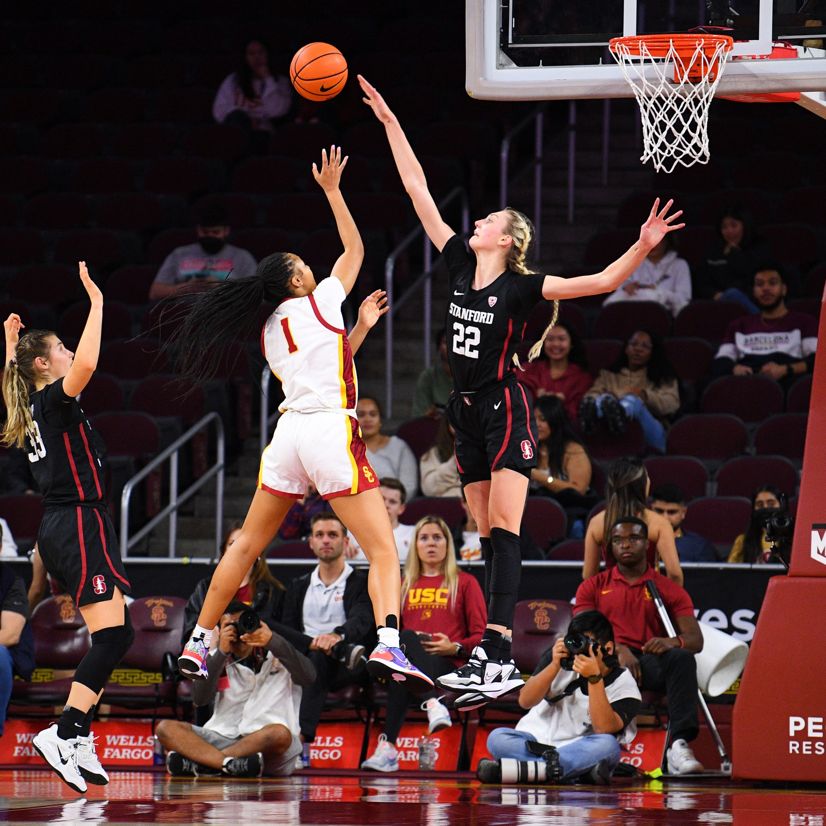 Stanford Cardinal forward Cameron Brink (22) tries to block a shot during the women's college basketball game between the Stanford Cardinal and the USC Trojans on January 15, 2023 at Galen Center in Los Angeles, CA.