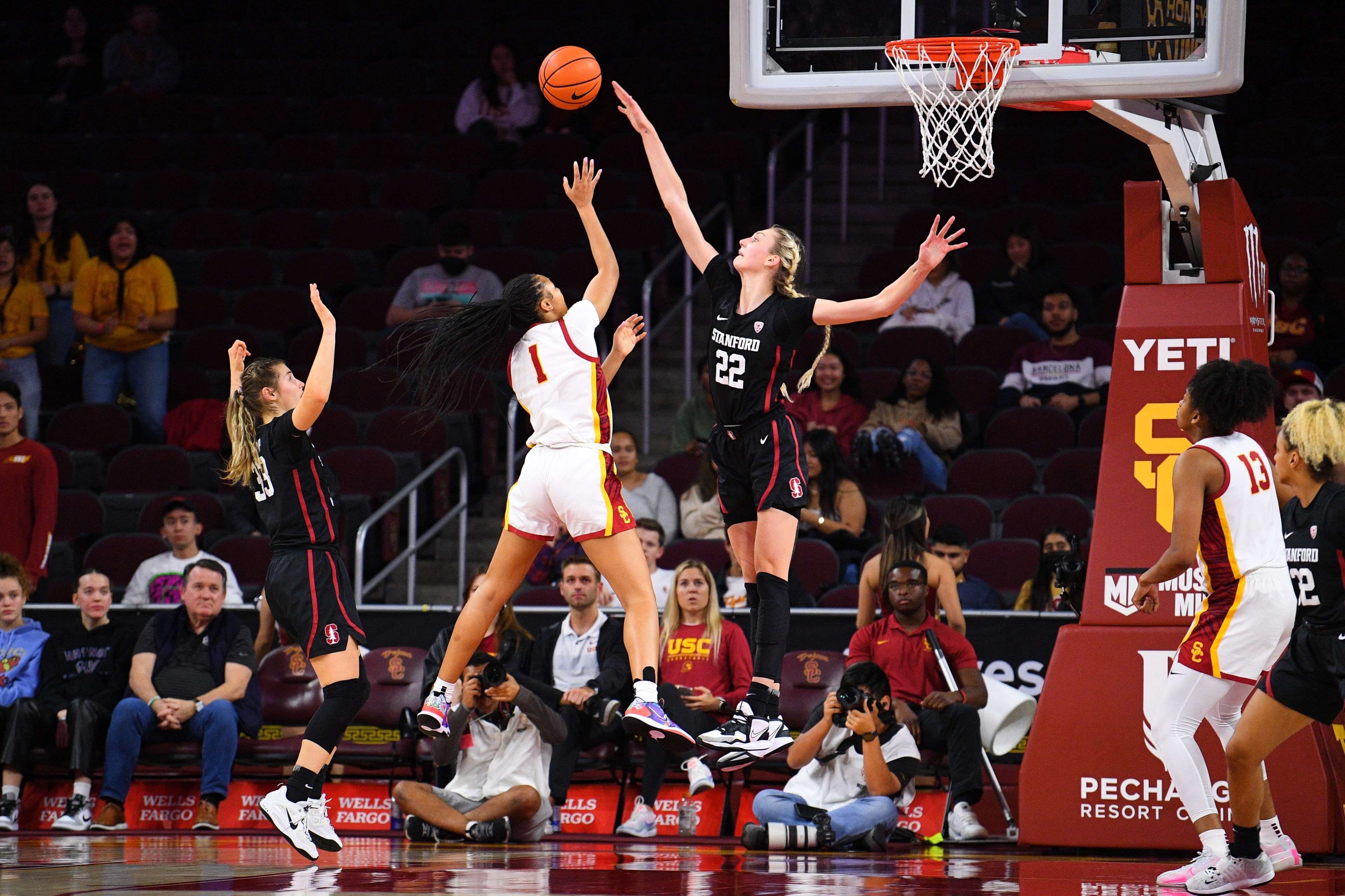 Stanford Cardinal forward Cameron Brink (22) tries to block a shot during the women's college basketball game between the Stanford Cardinal and the USC Trojans on January 15, 2023 at Galen Center in Los Angeles, CA.