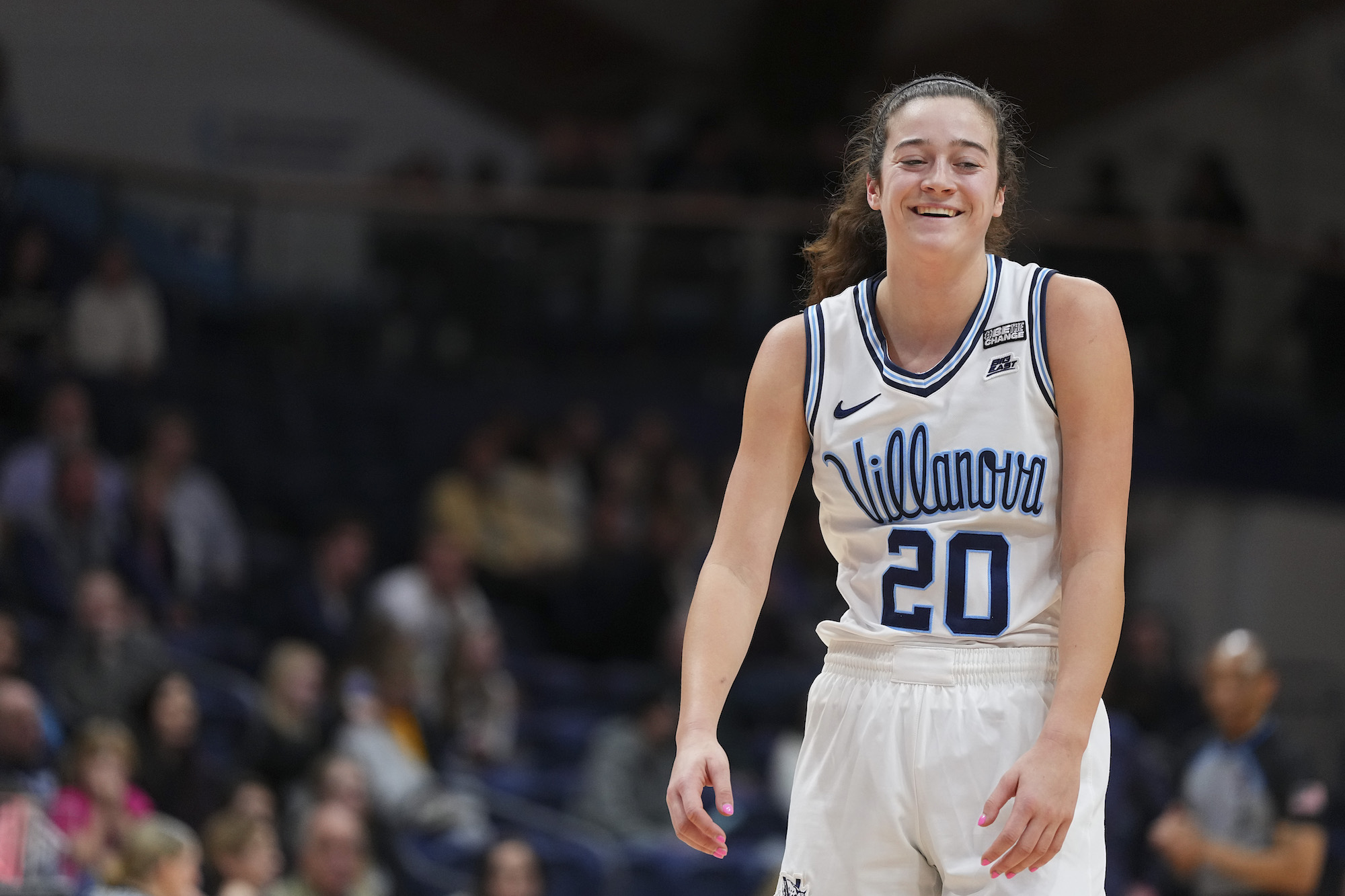 VILLANOVA, PA - JANUARY 17: Maddy Siegrist #20 of the Villanova Wildcats reacts against the Xavier Musketeers in the second half at Finneran Pavilion on January 17, 2023 in Villanova, Pennsylvania. The Villanova Wildcats defeated the Xavier Musketeers 76-38. (Photo by Mitchell Leff/Getty Images)