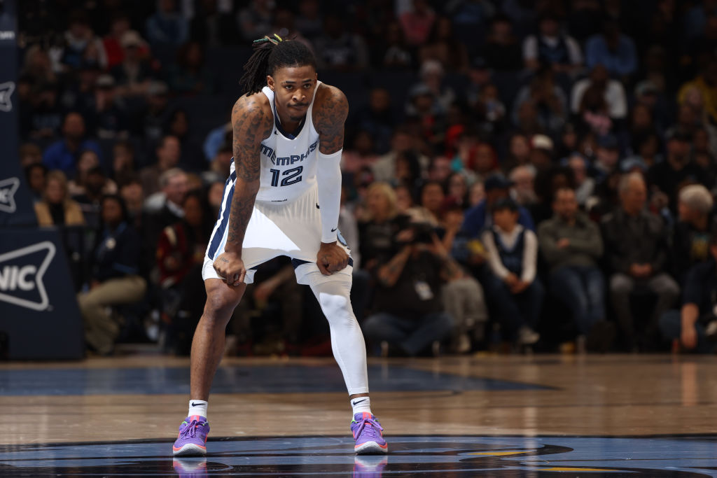 Ja Morant #12 of the Memphis Grizzlies looks on during the game against the Indiana Pacers on January 29, 2023 at FedExForum in Memphis, Tennessee.