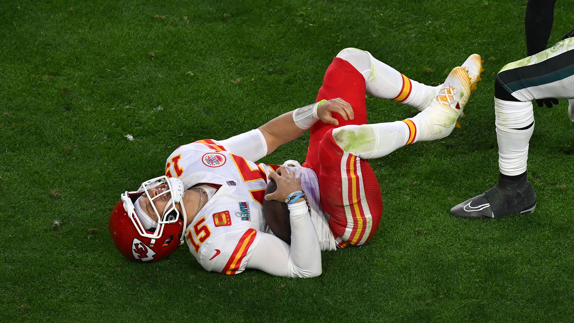 Kansas City Chiefs' quarterback Patrick Mahomes in pain of a hurt ankle during Super Bowl LVII between the Kansas City Chiefs and the Philadelphia Eagles at State Farm Stadium in Glendale, Arizona, on February 12, 2023.
