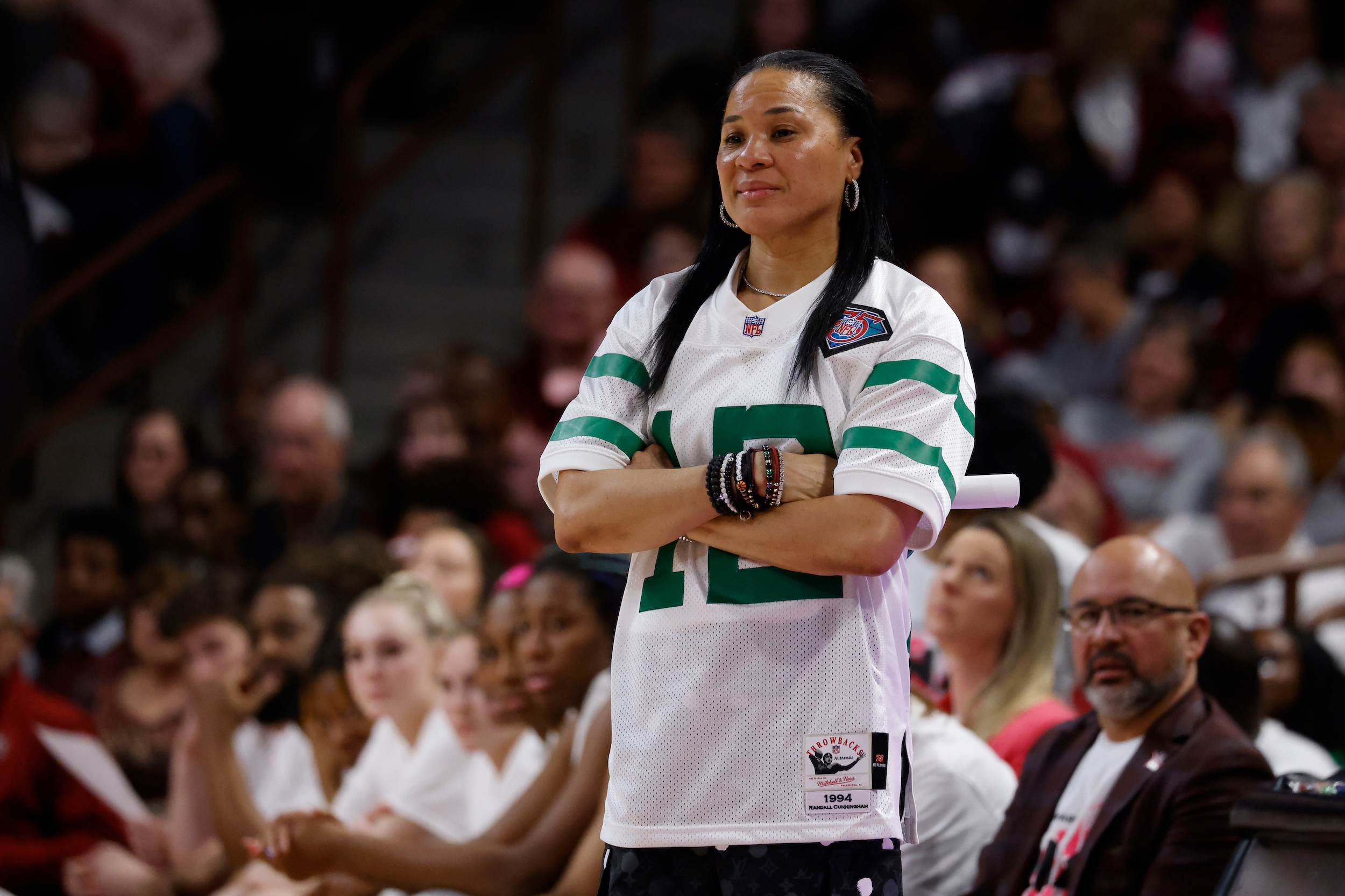 Head coach Dawn Staley of the South Carolina Gamecocks looks on during their game against the LSU Tigers at Colonial Life Arena on February 12, 2023 in Columbia, South Carolina. South Carolina won 88-64.
