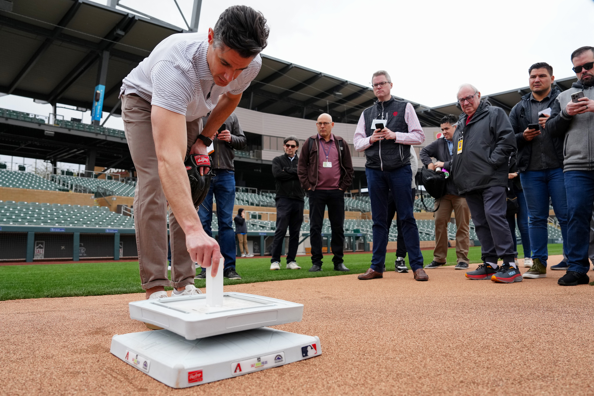 Joe Martinez, MLB Vice President of On Field Strategy, explains the new bases to the media