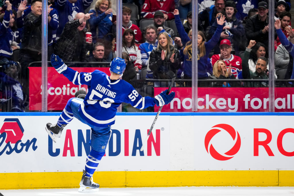 Michael Bunting celebrates his second goal