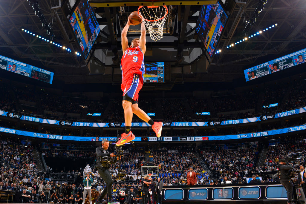 SALT LAKE CITY, UT - FEBRUARY 18: Mac McClung #9 of the Philadelphia 76ers dunks the ball during the AT&amp;T Slam Dunk Contest as part of 2023 NBA All Star Weekend on Saturday, February 18, 2023 at Vivint Arena in Salt Lake City, Utah.