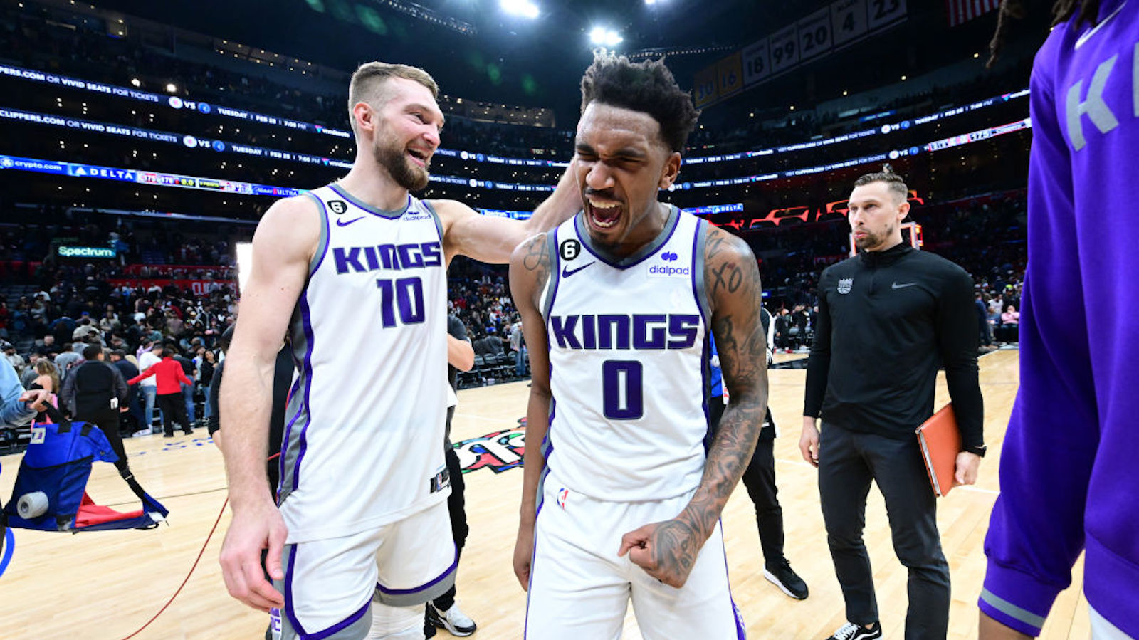LOS ANGELES, CA - FEBRUARY 24: Malik Monk #0 of the Sacramento Kings celebrates after the game against the LA Clippers on February 24, 2023 at Crypto.Com Arena in Los Angeles, California. NOTE TO USER: User expressly acknowledges and agrees that, by downloading and/or using this Photograph, user is consenting to the terms and conditions of the Getty Images License Agreement. Mandatory Copyright Notice: Copyright 2023 NBAE