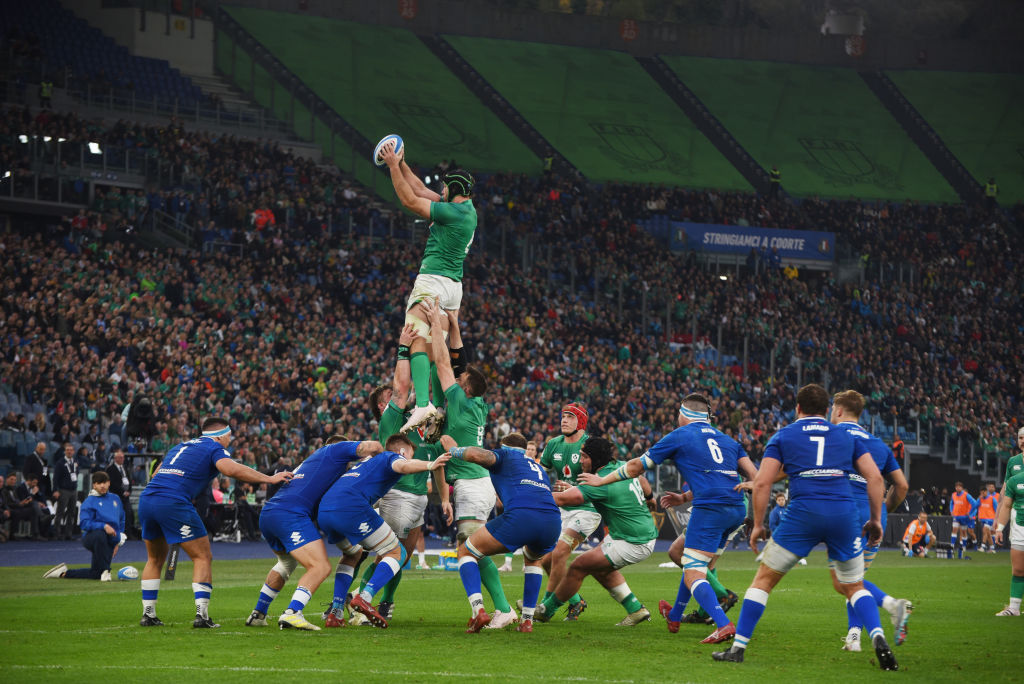 Players fight to earn the ball during the Guinness Six Nations third round, Italy vs Ireland at the Olympic Stadium of Rome. Ireland won the match with a score of 34-20. (Photo by Pasquale Gargano/Pacific Press/LightRocket via Getty Images)
