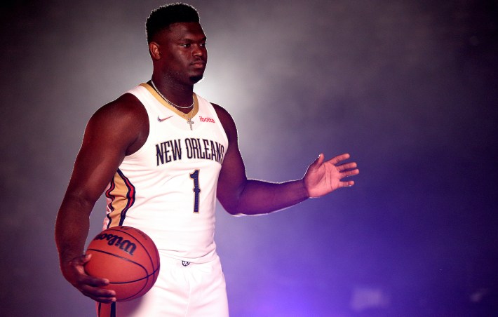 NEW ORLEANS, LOUISIANA - SEPTEMBER 27: Zion Williamson #1 of the New Orleans Pelicans poses for photos during Media Day at Smoothie King Center on September 27, 2021 in New Orleans, Louisiana. NOTE TO USER: User expressly acknowledges and agrees that, by downloading and or using this photograph, User is consenting to the terms and conditions of the Getty Images License Agreement.