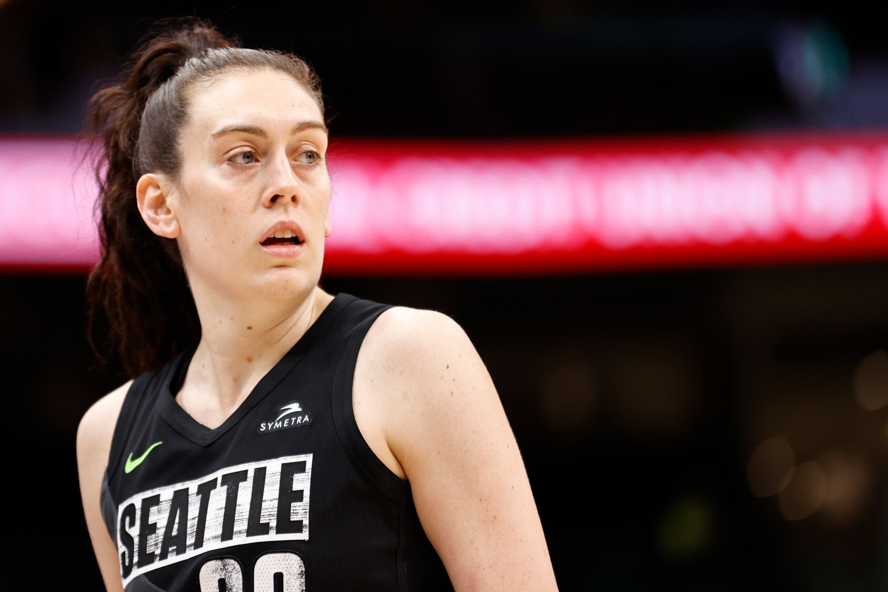 SEATTLE, WASHINGTON - MAY 27: Breanna Stewart #30 of the Seattle Storm looks on against the New York Liberty in overtime at Climate Pledge Arena on May 27, 2022 in Seattle, Washington.