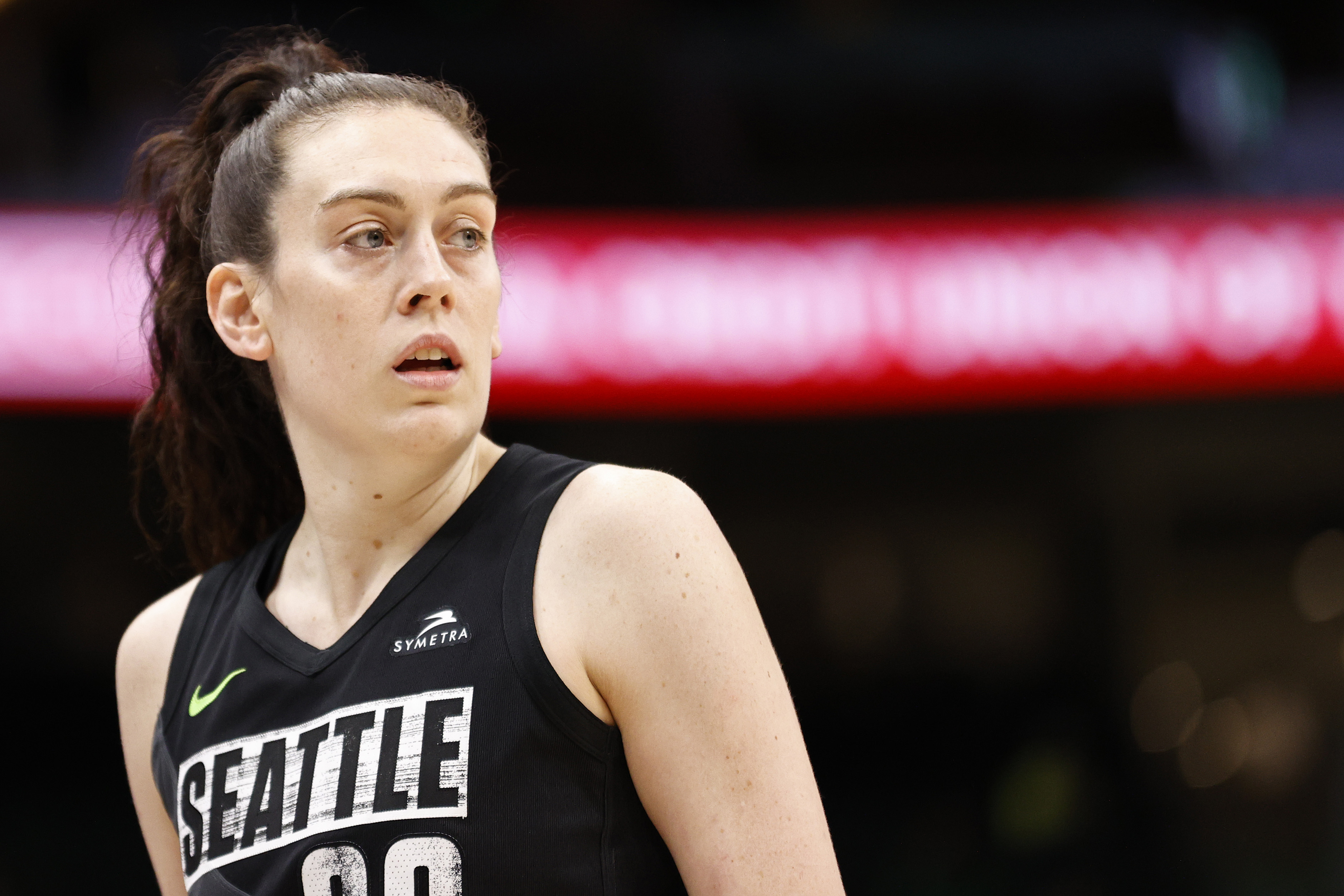 SEATTLE, WASHINGTON - MAY 27: Breanna Stewart #30 of the Seattle Storm looks on against the New York Liberty in overtime at Climate Pledge Arena on May 27, 2022 in Seattle, Washington.