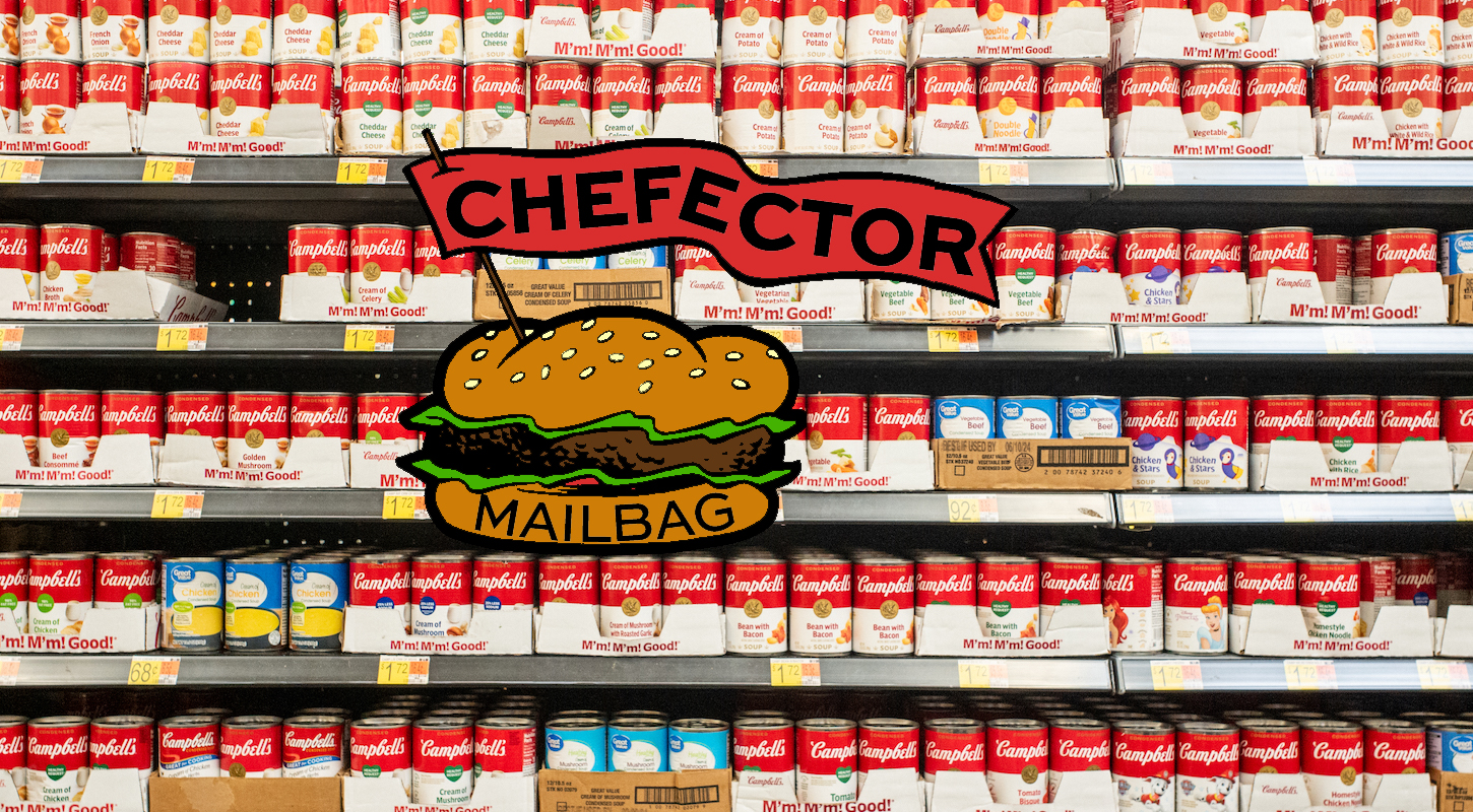 Soup cans on a supermarket shelf, with a big Chefector logo in front